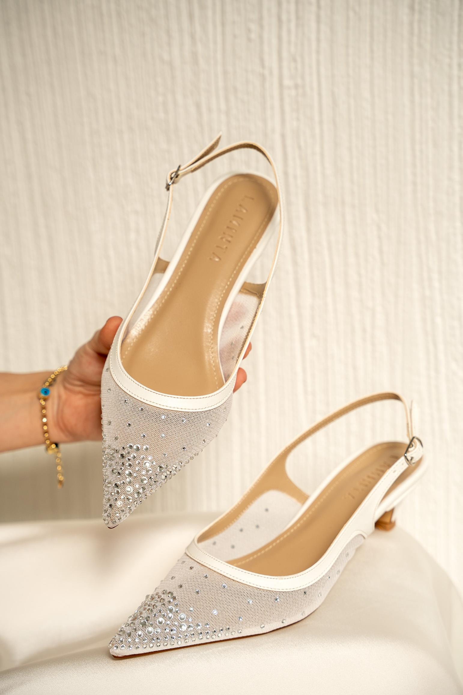 Yomy Taşlı Fileli Topuklu Ayakkabı - BEYAZ