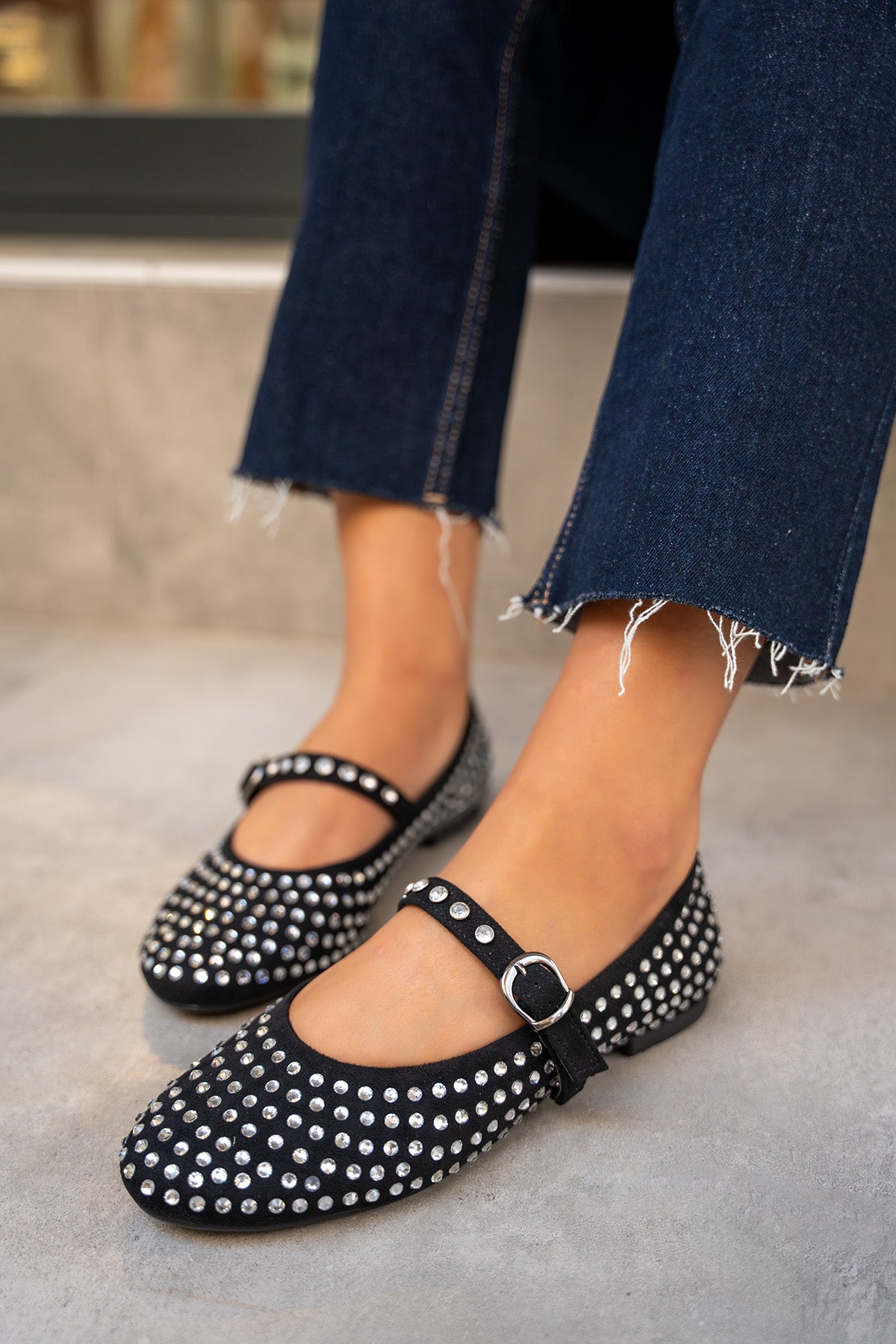 Mac Taşlı Düz Babet - SİYAH SÜET