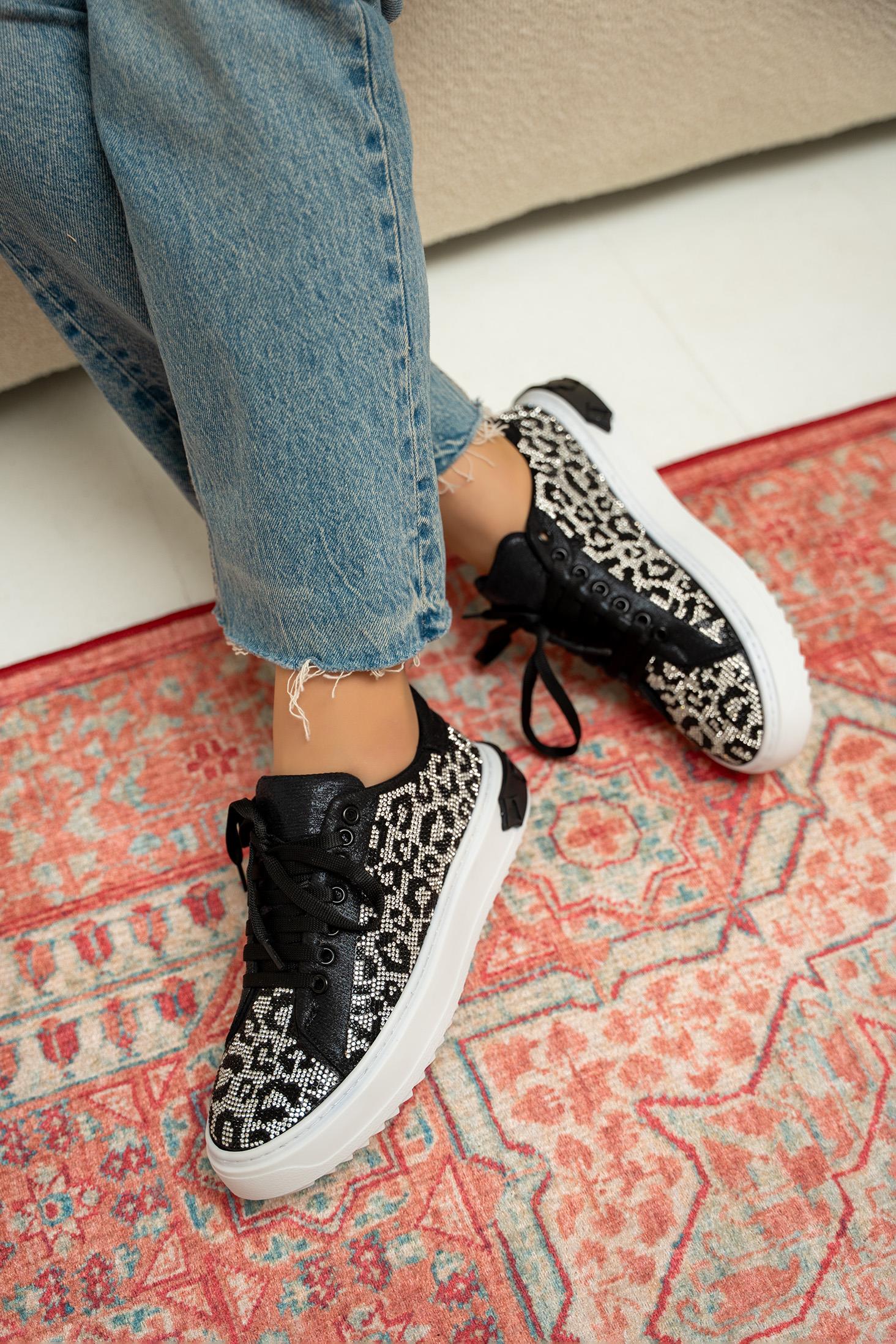 Comfy Leopar Desenli Spor Ayakkabı - Siyah-Silver