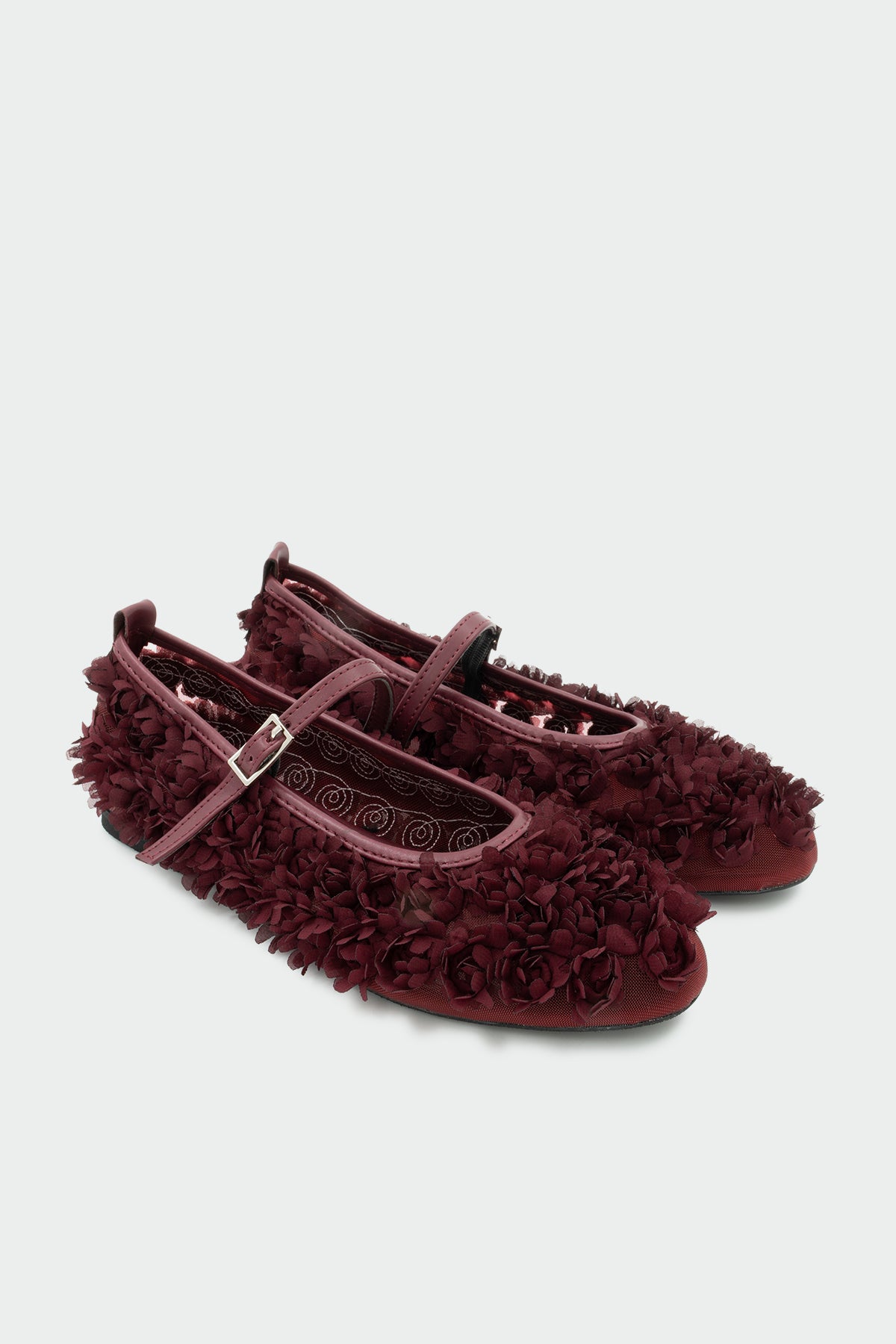 Jiso Çiçek Desenli Tokalı Kadın Babet - BORDO