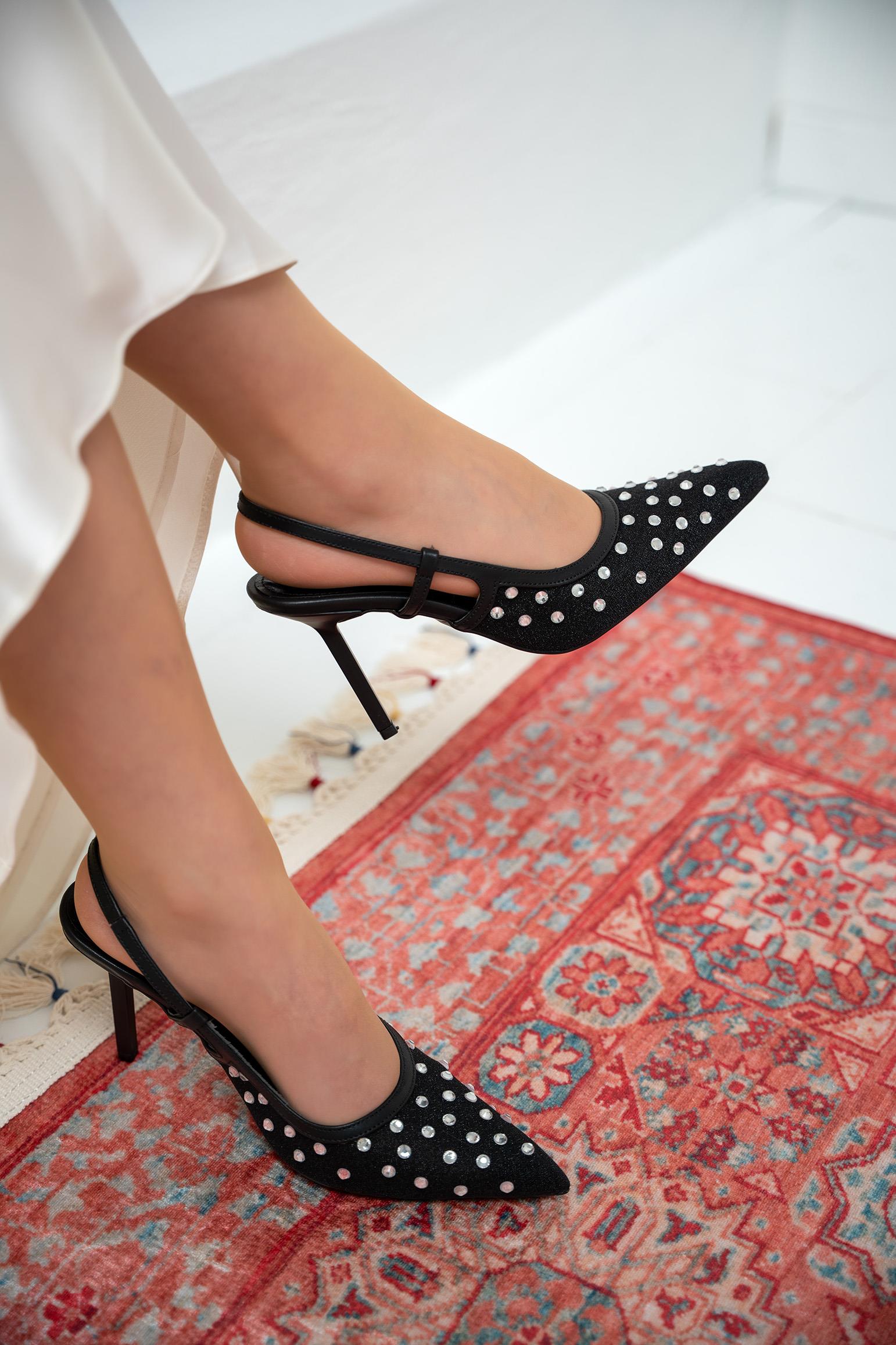 Sensu Taşlı Fileli Topuklu Ayakkabı - SİYAH