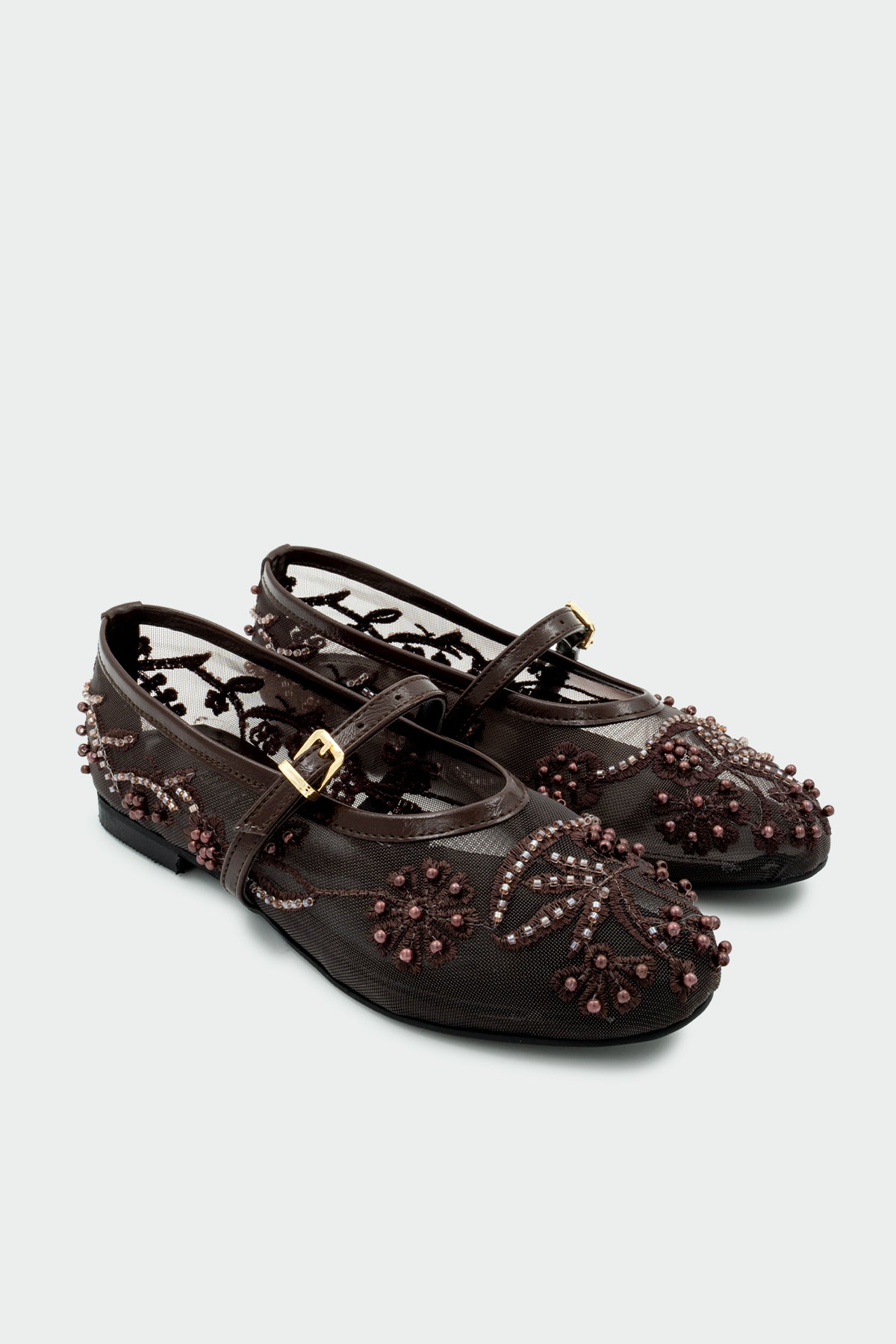 Kai İncili Nakışlı Kadın Düz Babet - ACI KAHVE