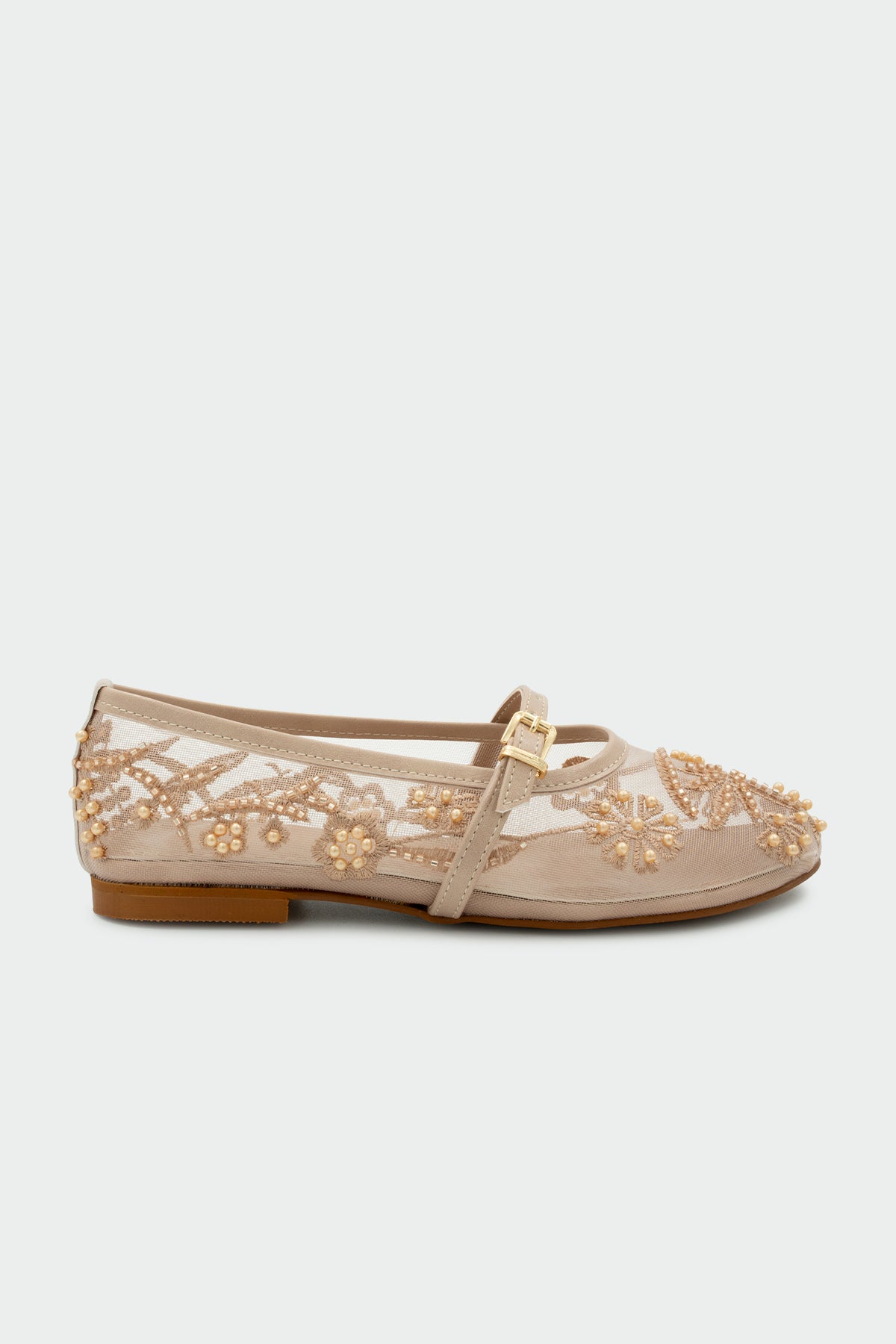 Kai İncili Nakışlı Kadın Düz Babet - NUDE