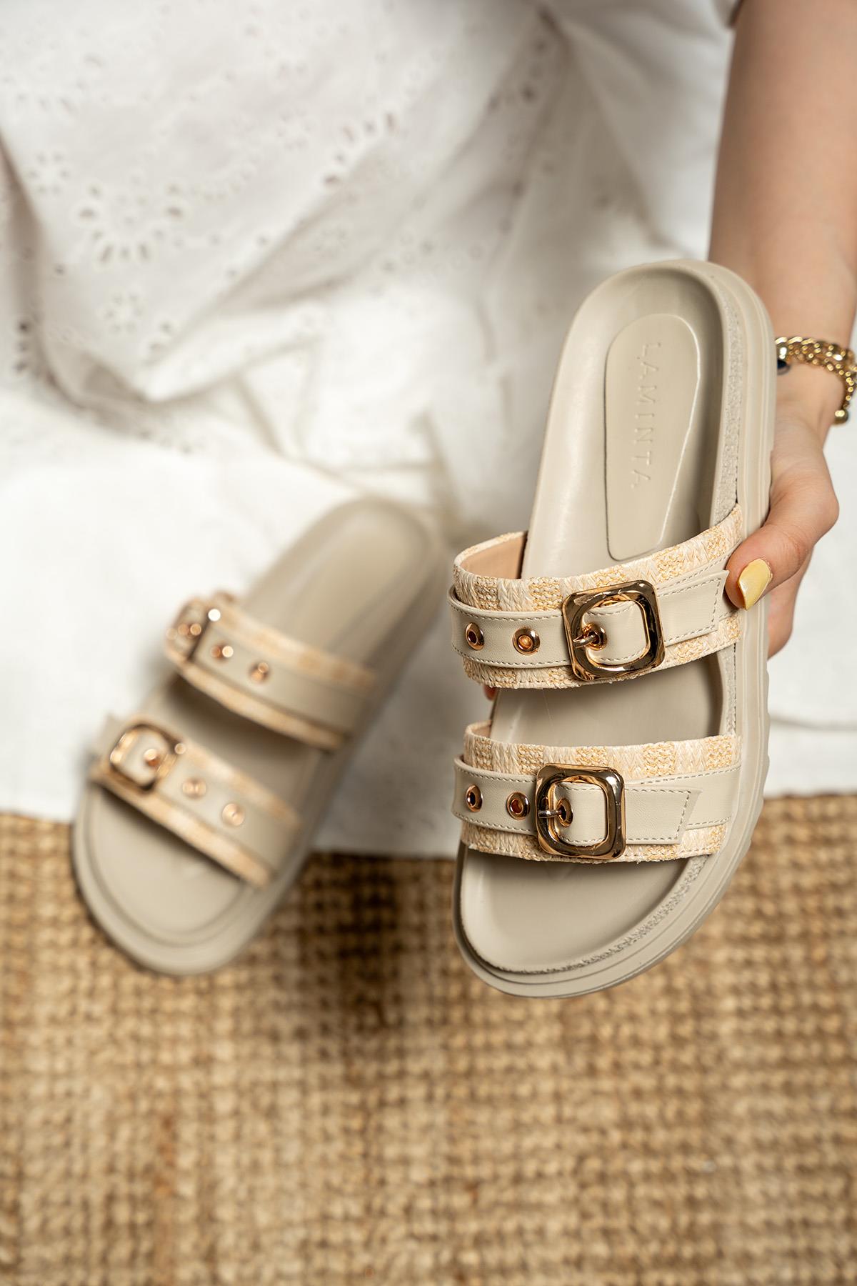 Bassa Hasır Detaylı Tokalı Terlik - BEJ