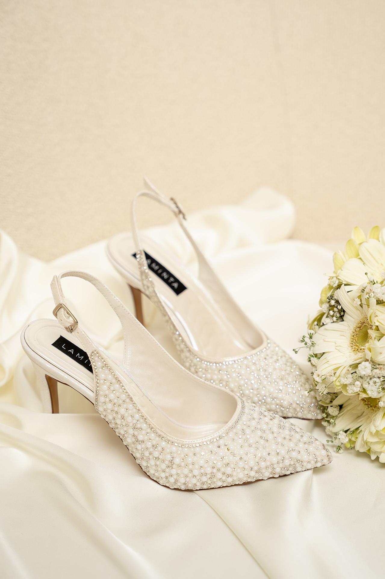 Yeps İnci Taş Detaylı Gelin Ayakkabısı - SEDEF BEYAZ