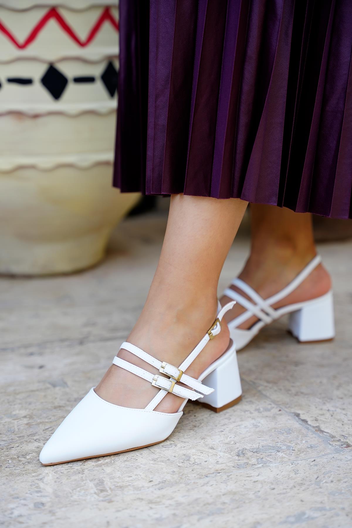 LEYDA KALIN TOPUK DETAYLI KADIN AYAKKABI - BEYAZ DERİ