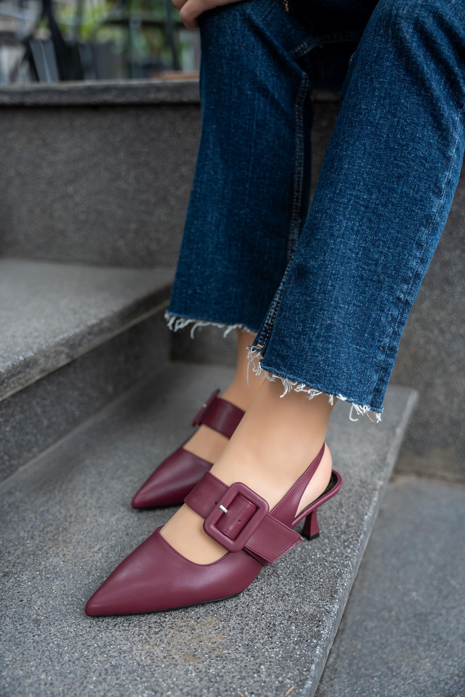 DOBY TOKA DETAYLI KADIN TOPUKLU AYAKKABI - BORDO DERİ