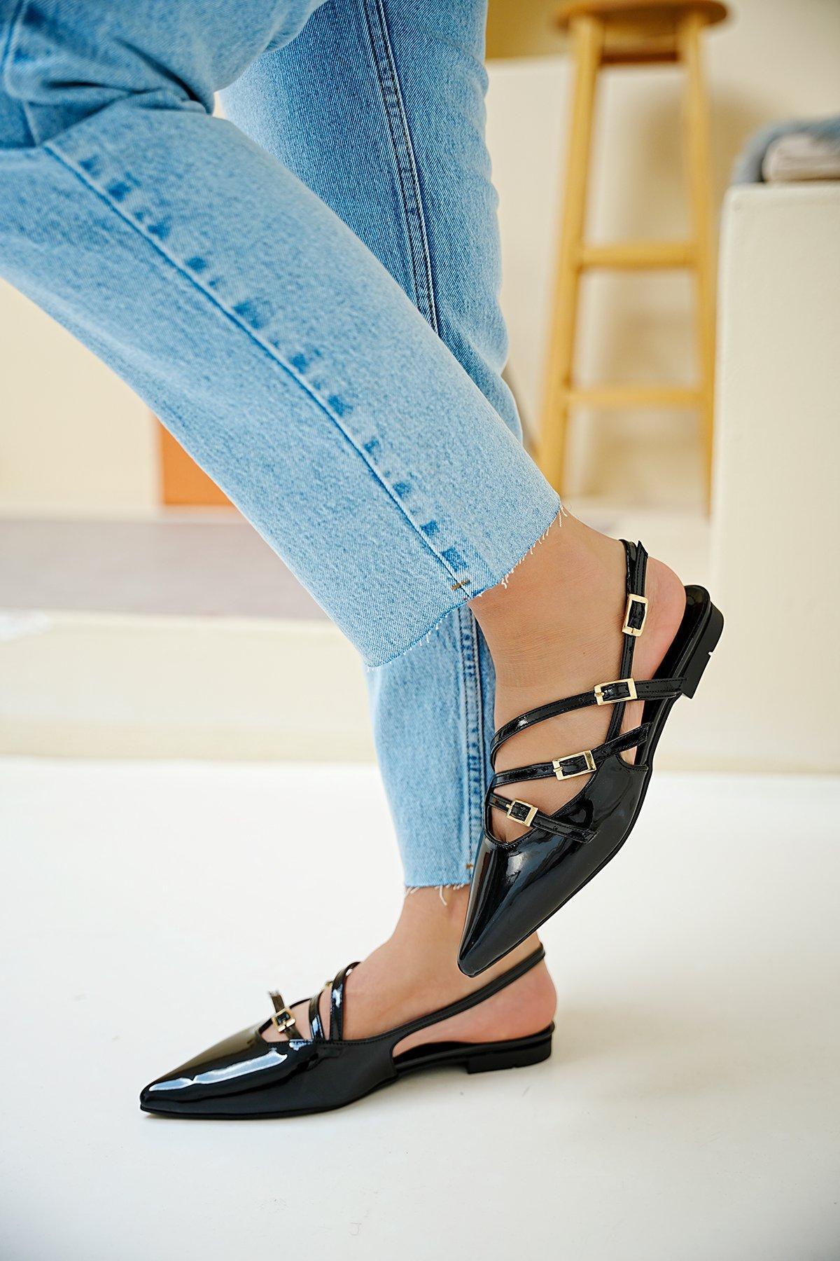 MONA ŞERİT DETAYLI BABET - SİYAH