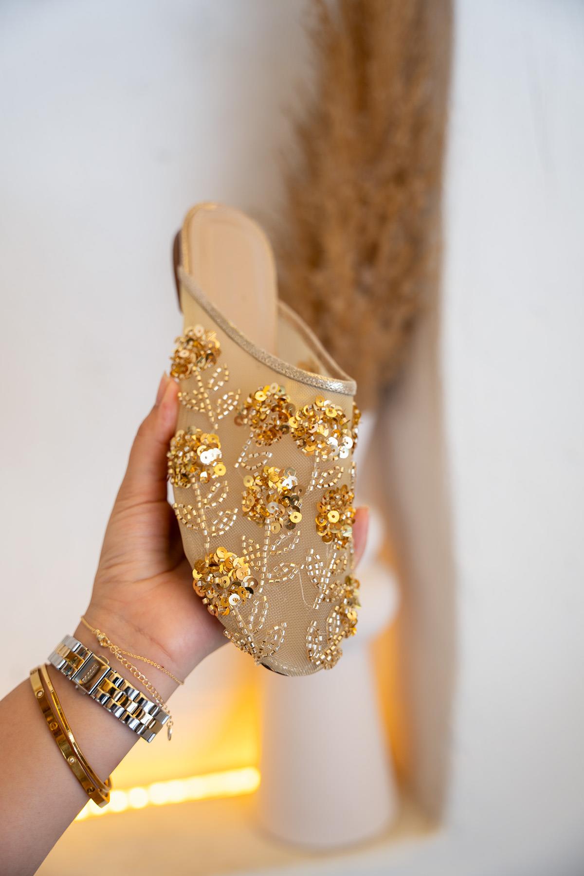 Lory Boncuk İşlemeli Fileli Terlik - GOLD