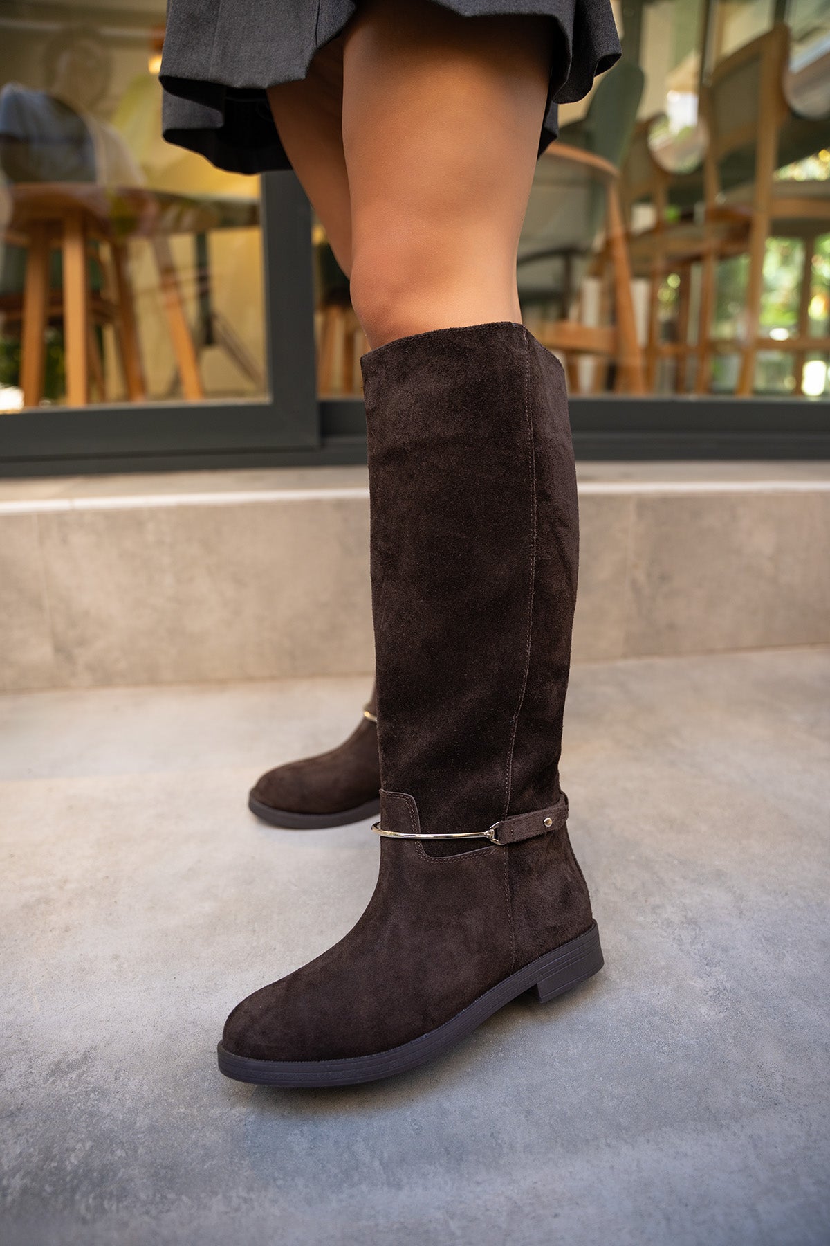 Steve Çıkarılabilir Gold Aksesuarlı Hakiki Deri Çizme - AcıKahve Süet