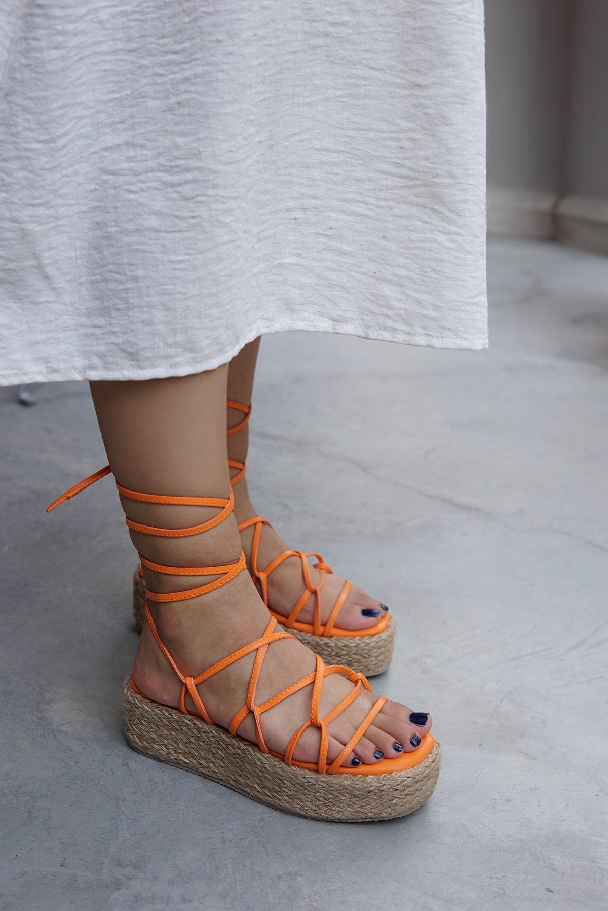 GLAD HASIR DETAYLI BAĞLAMALI SANDALET - TURUNCU