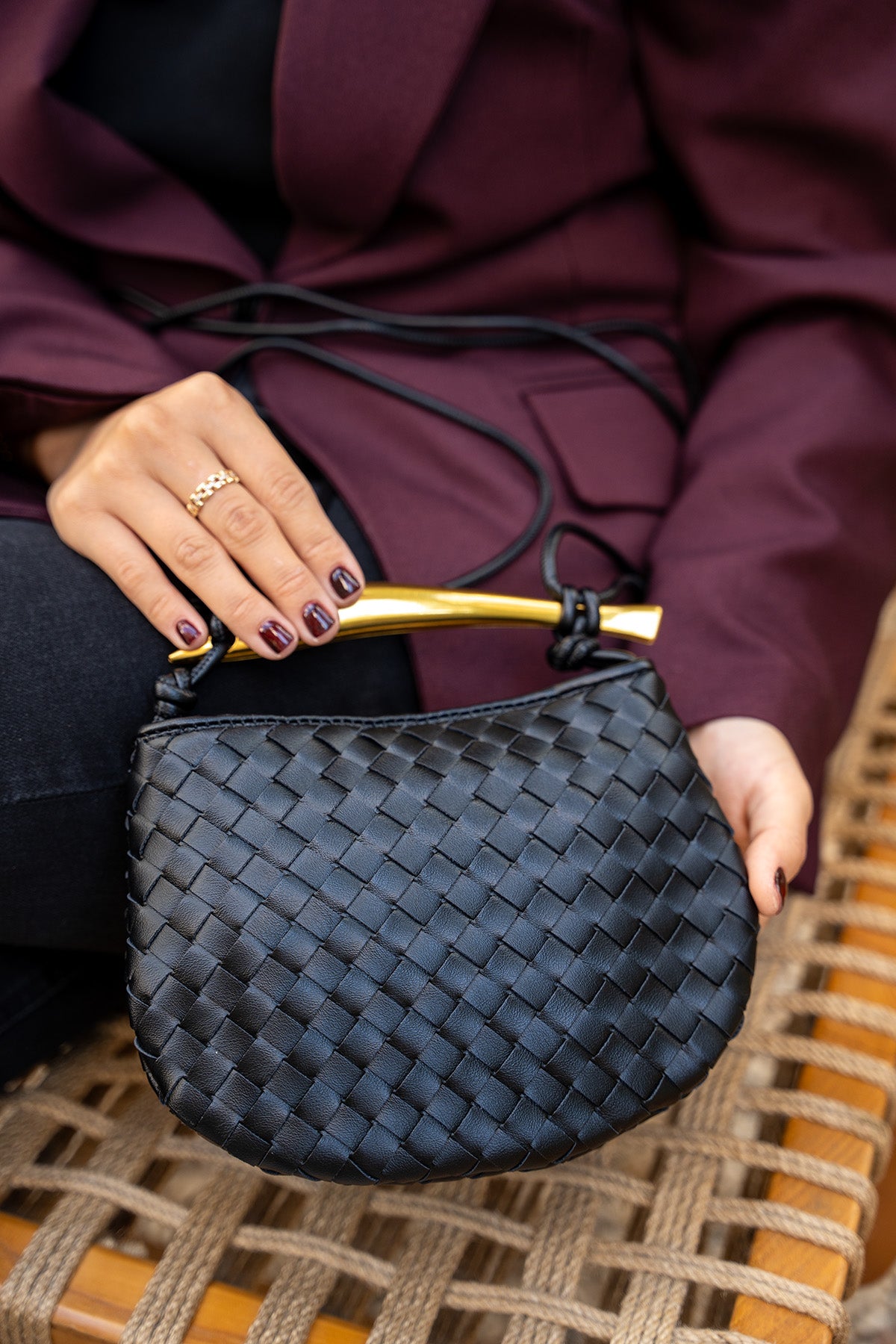 Long Örgü Detaylı Çapraz Çanta - SİYAH