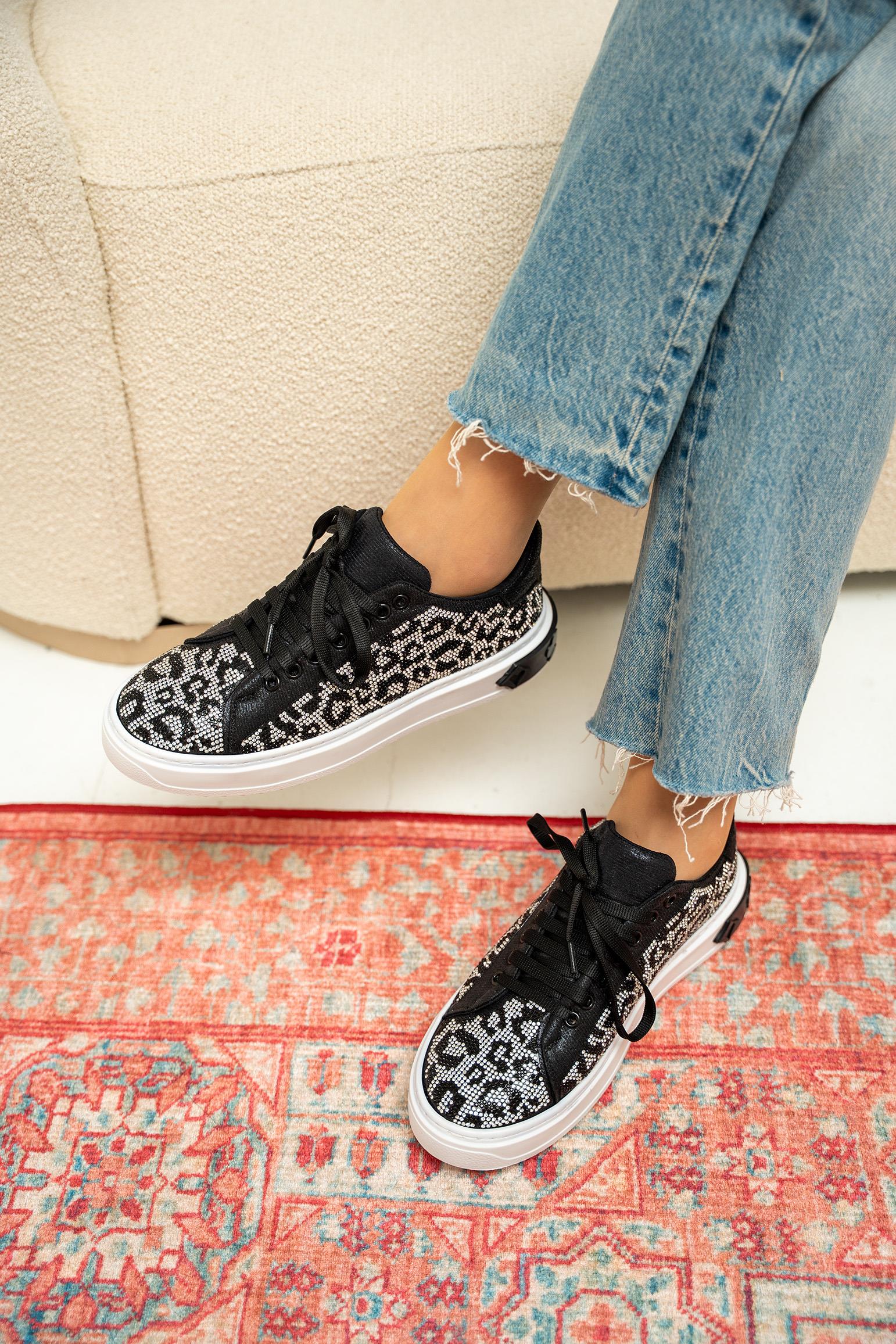 Comfy Leopar Desenli Spor Ayakkabı - Siyah-Silver