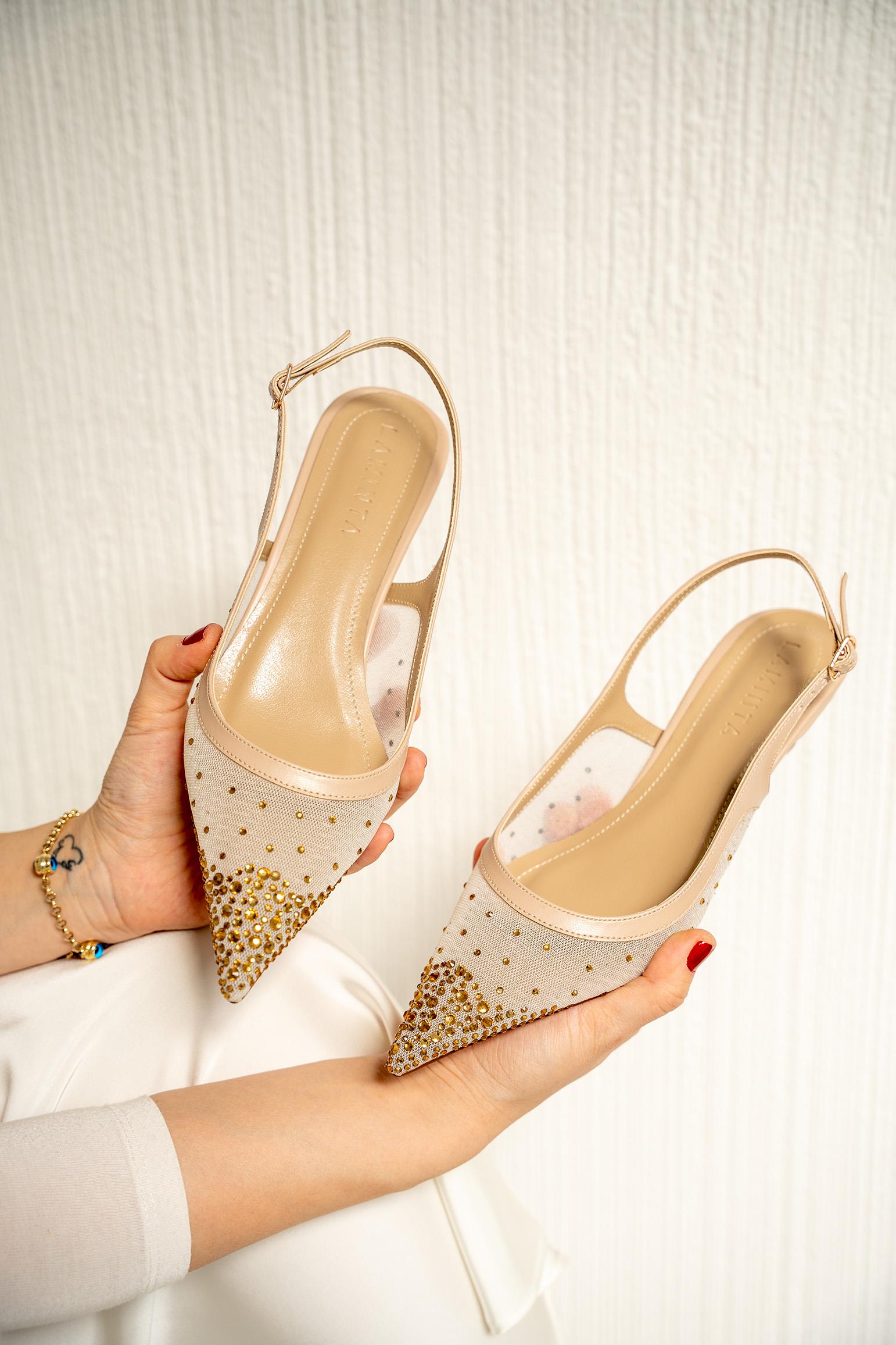 Yomy Taşlı Fileli Topuklu Ayakkabı - NUDE