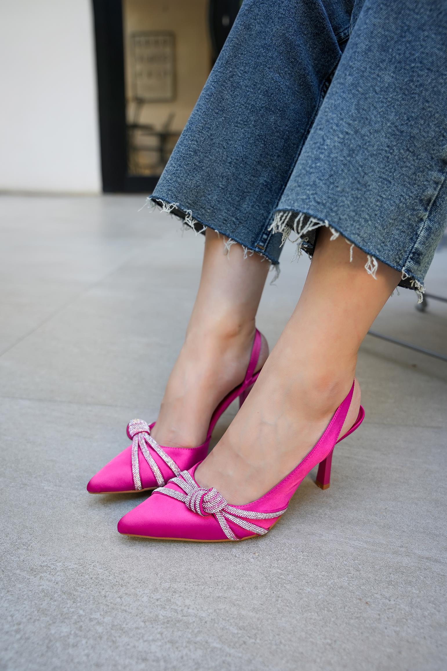 PİGMİ TAŞLI DÜĞÜM DETAYLI TOPUKLU AYAKKABI - FUŞYA
