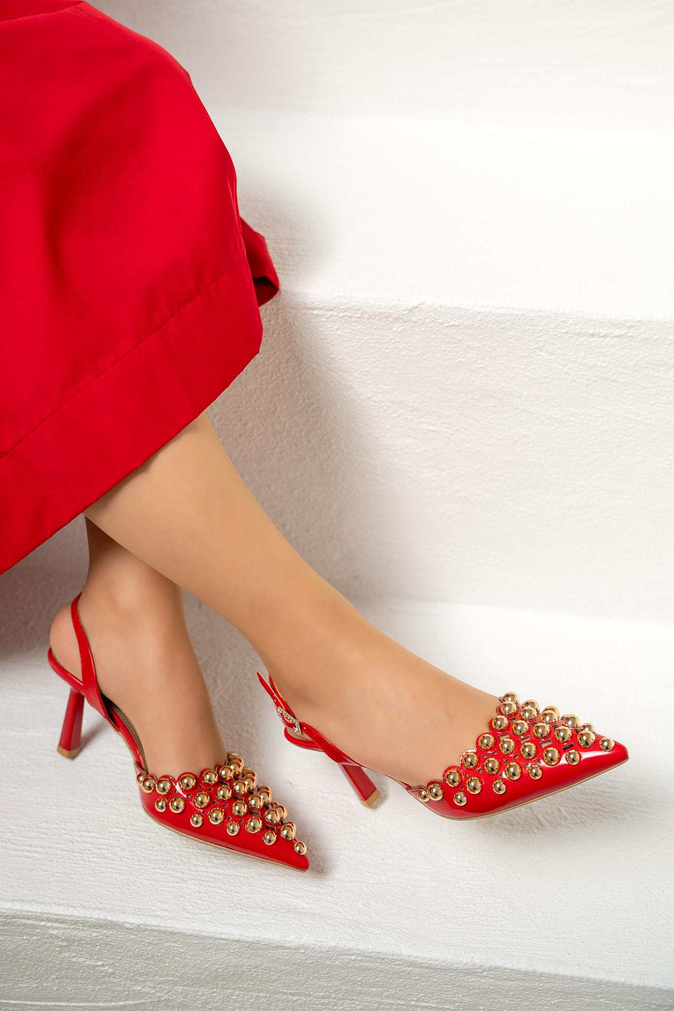 Simba Metal Zımbalı Topuklu Ayakkabı - KIRMIZI