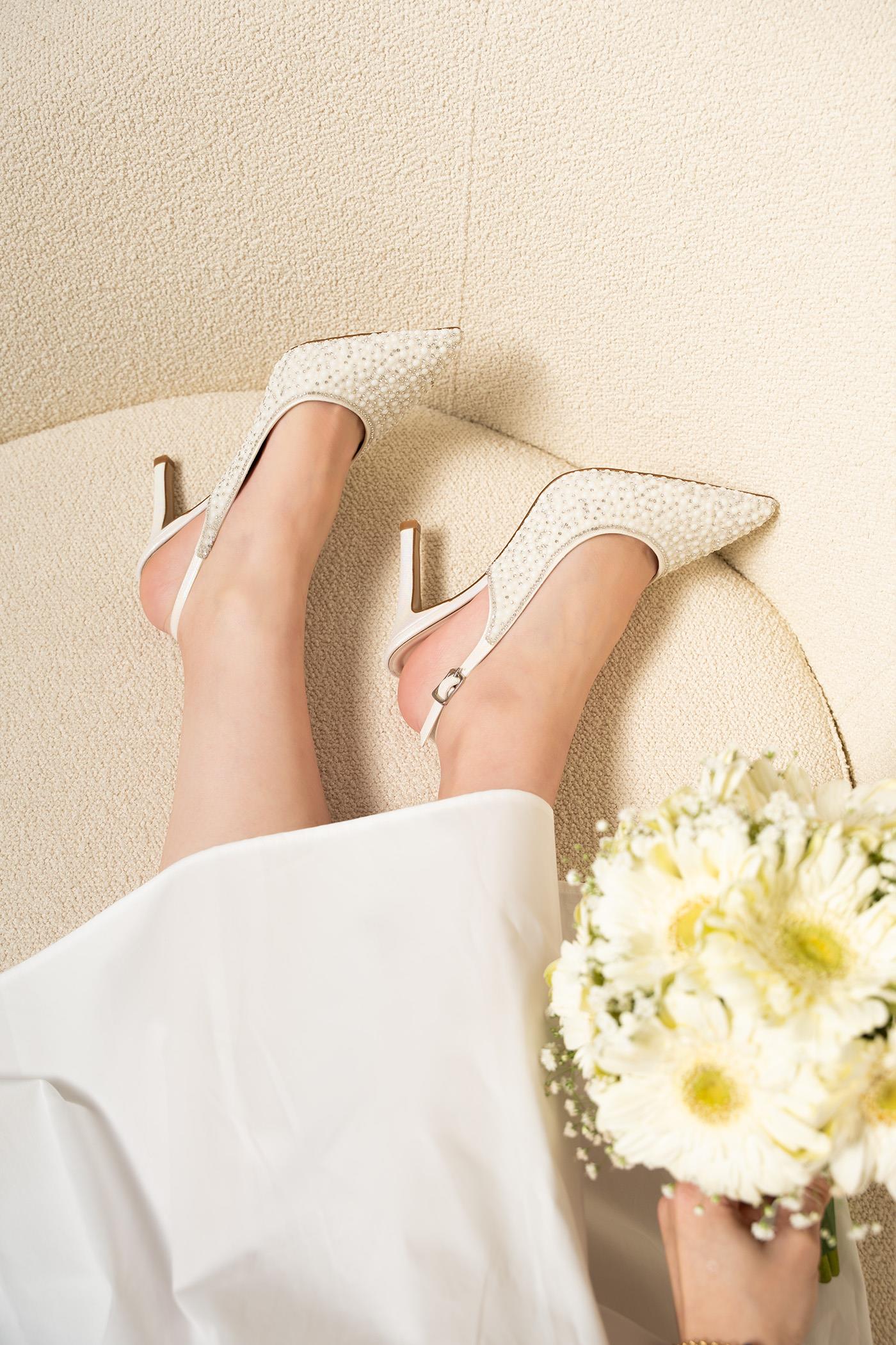 Yeps İnci Taş Detaylı Gelin Ayakkabısı - SEDEF BEYAZ