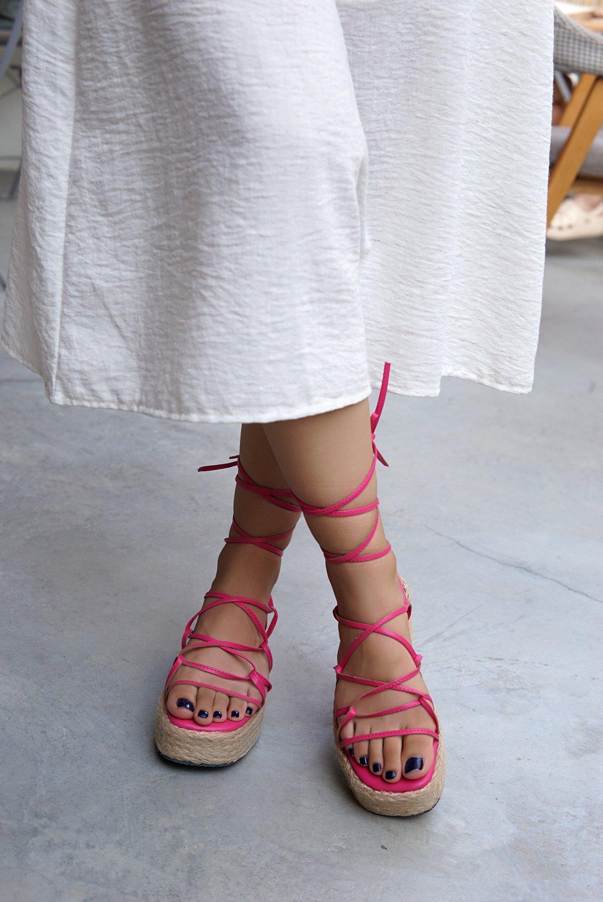 GLAD HASIR DETAYLI BAĞLAMALI SANDALET - FUŞYA