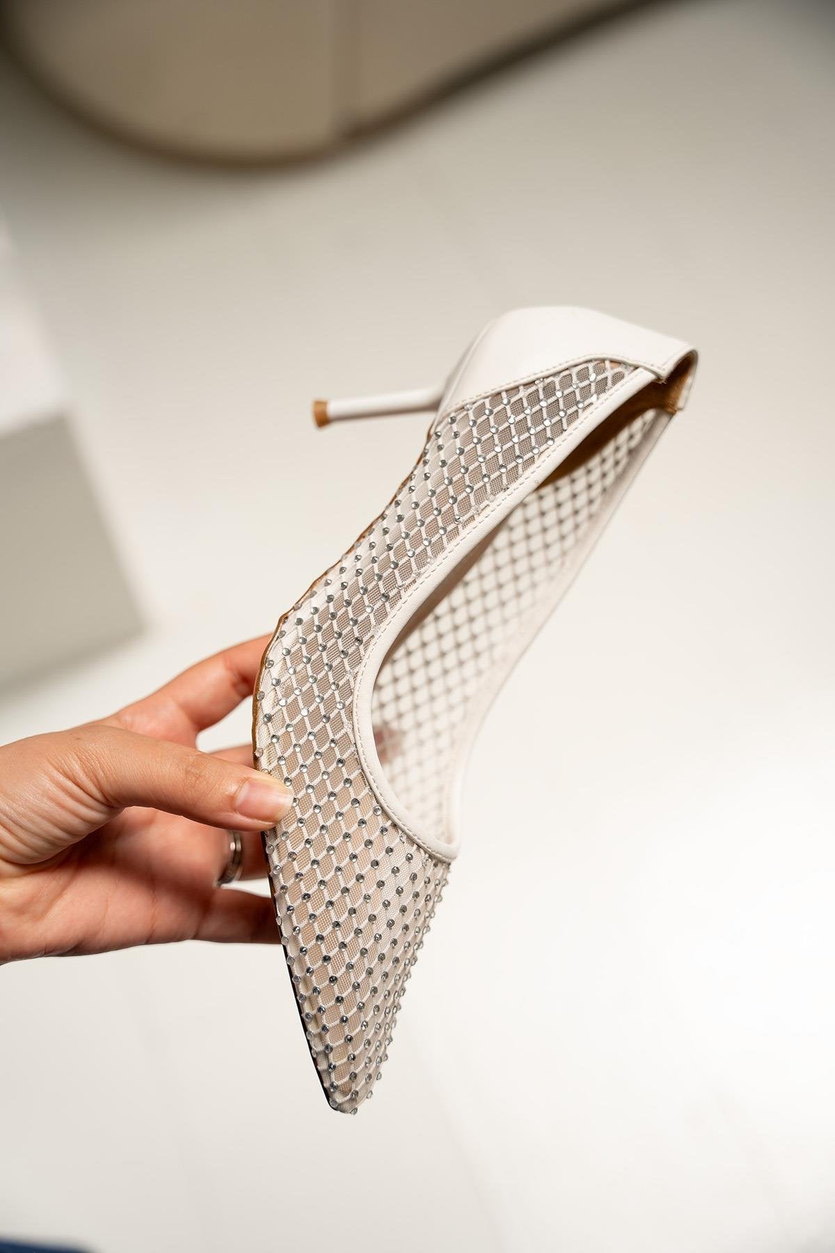 Allure Fileli Taşlı Topuklu Ayakkabı - BEYAZ