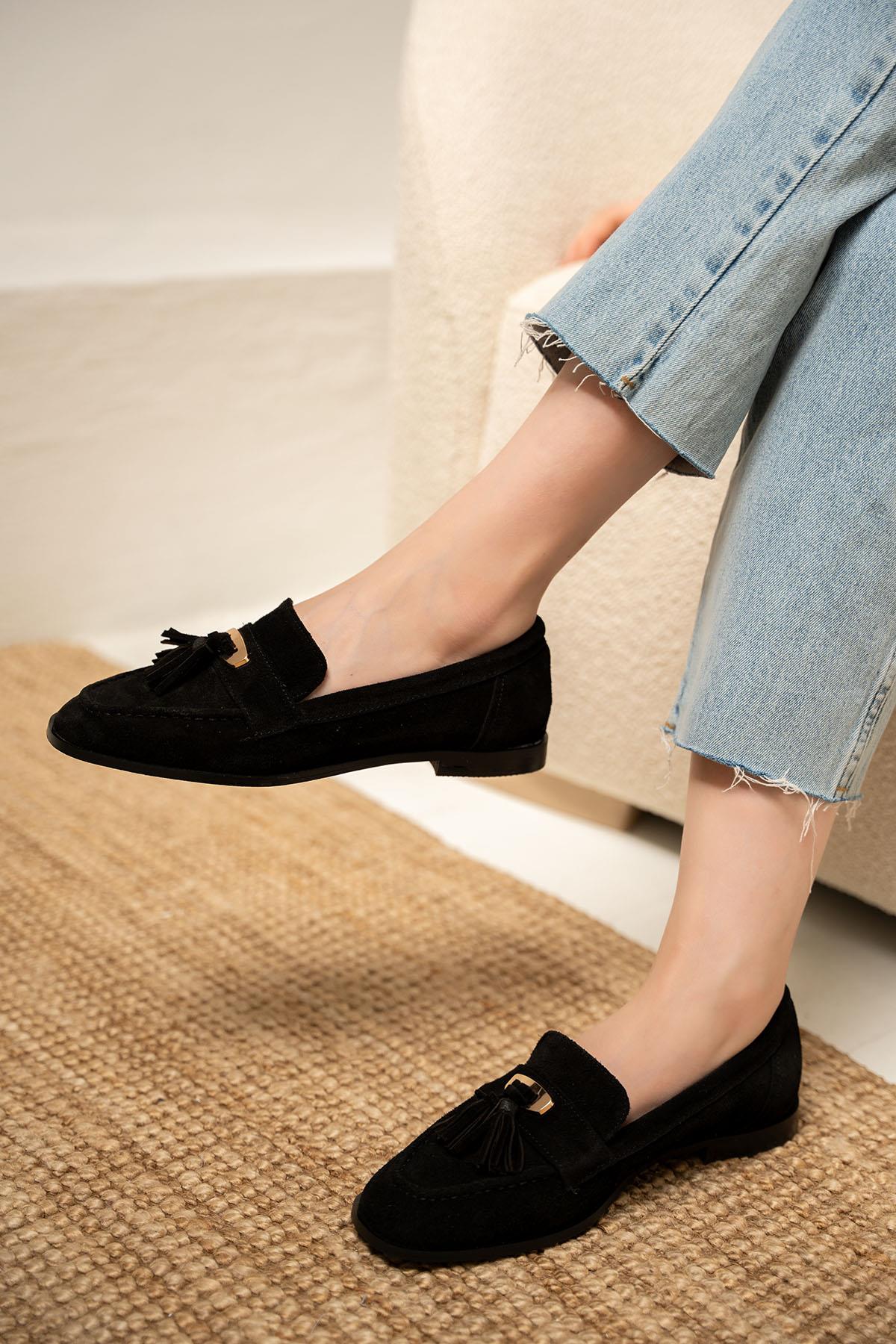 Glomar Püskül Detaylı Hakiki Deri Loafer - SİYAH SÜET