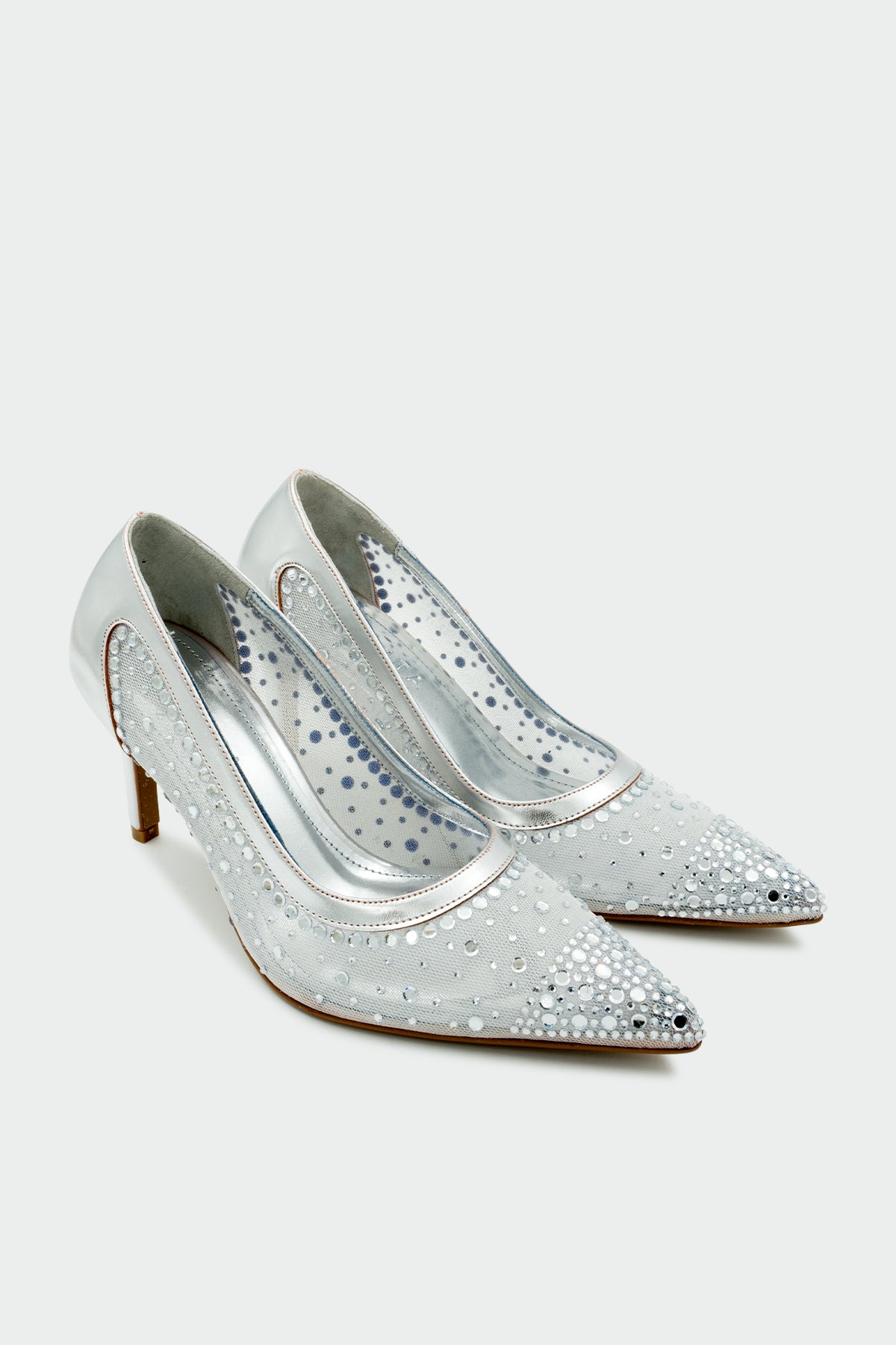 Miego Taşlı File Detaylı Kadın Topuklu Ayakkabı - Silver