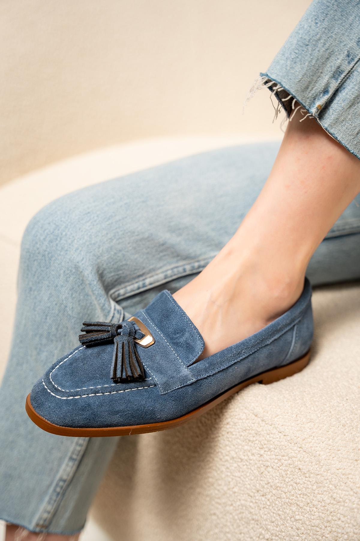 Glomar Püskül Detaylı Hakiki Deri Loafer - LACİVERT SÜET