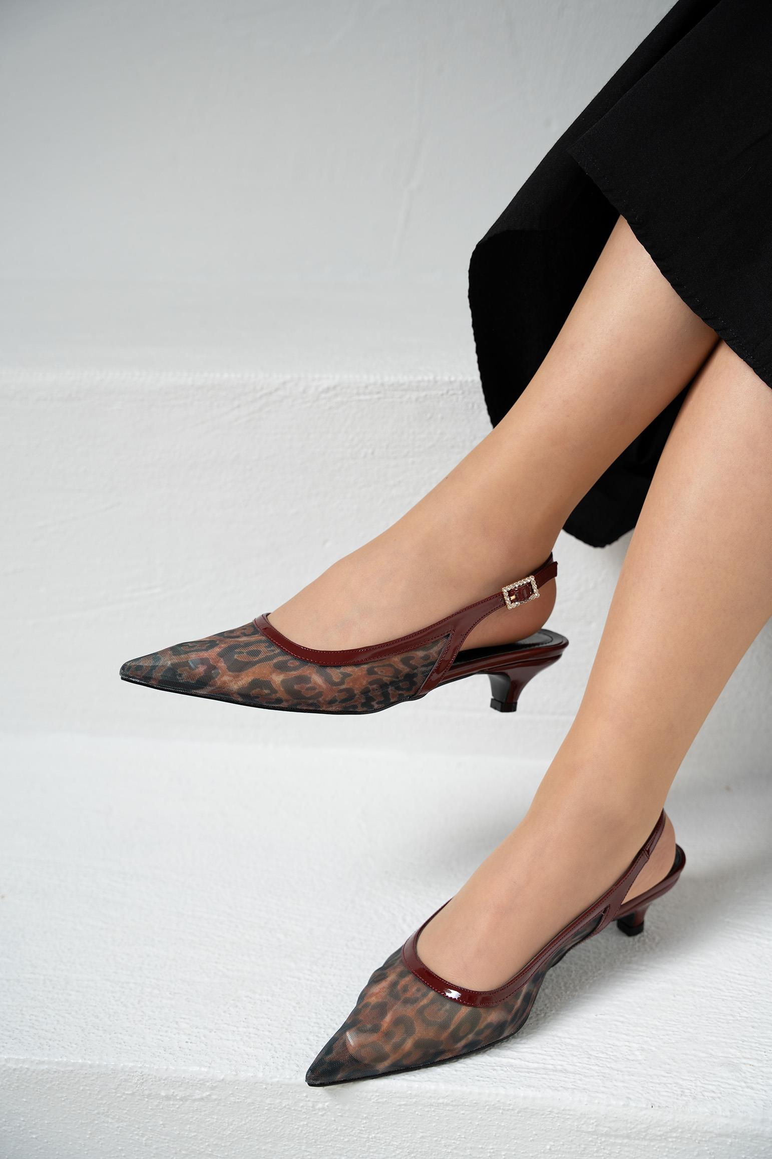 Front Leopar Desenli Topuklu Ayakkabı - BORDO