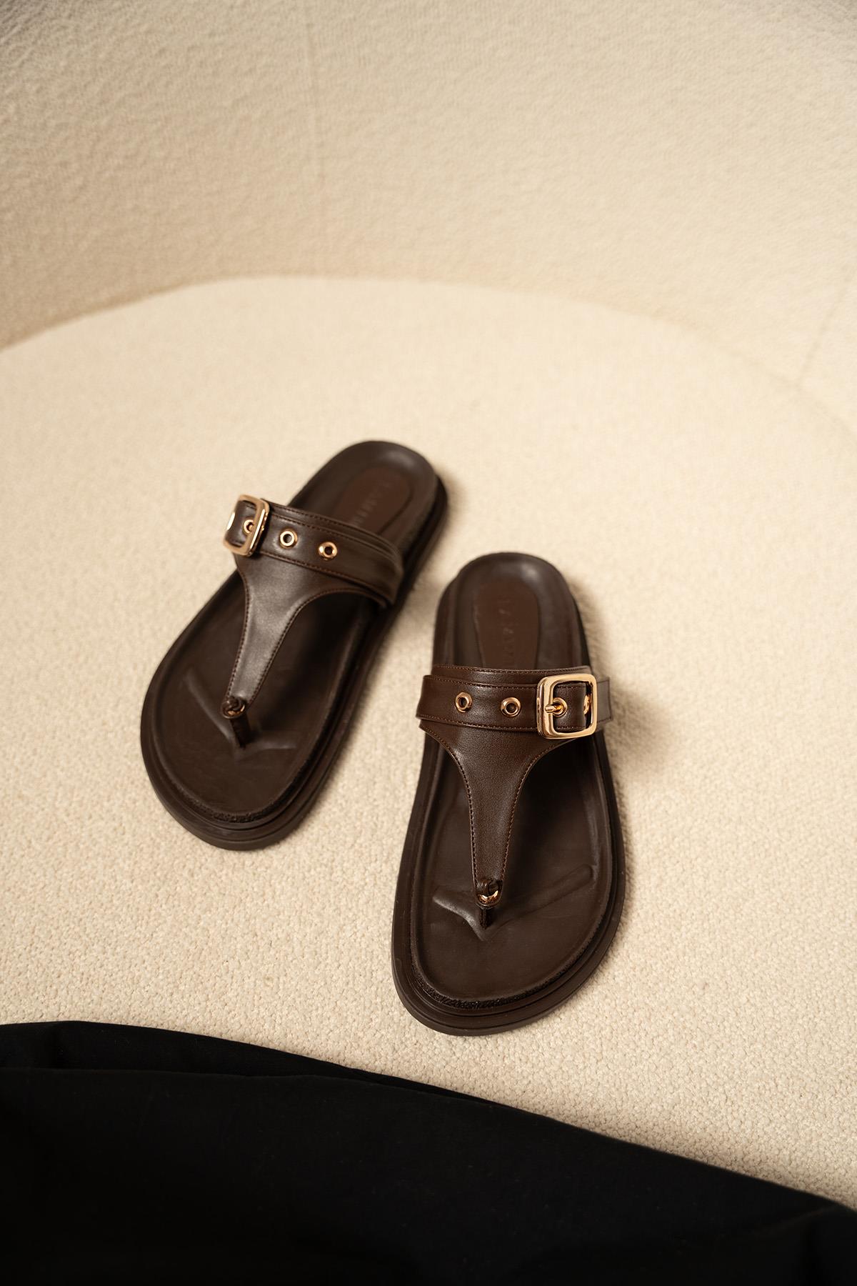 Nathex Kemer Detaylı Kalın Tabanlı Terlik - AcıKahve Deri