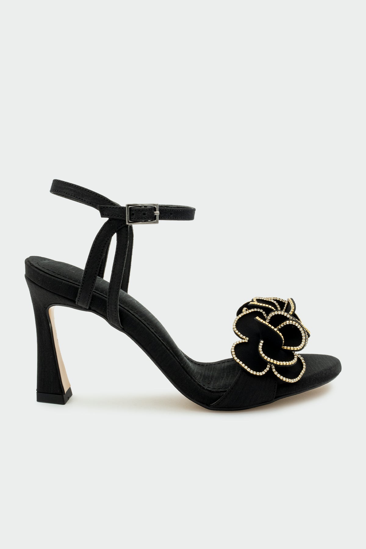 Cage Taşlı Çiçek Detaylı Kadın Topuklu Ayakkabı - SİYAH