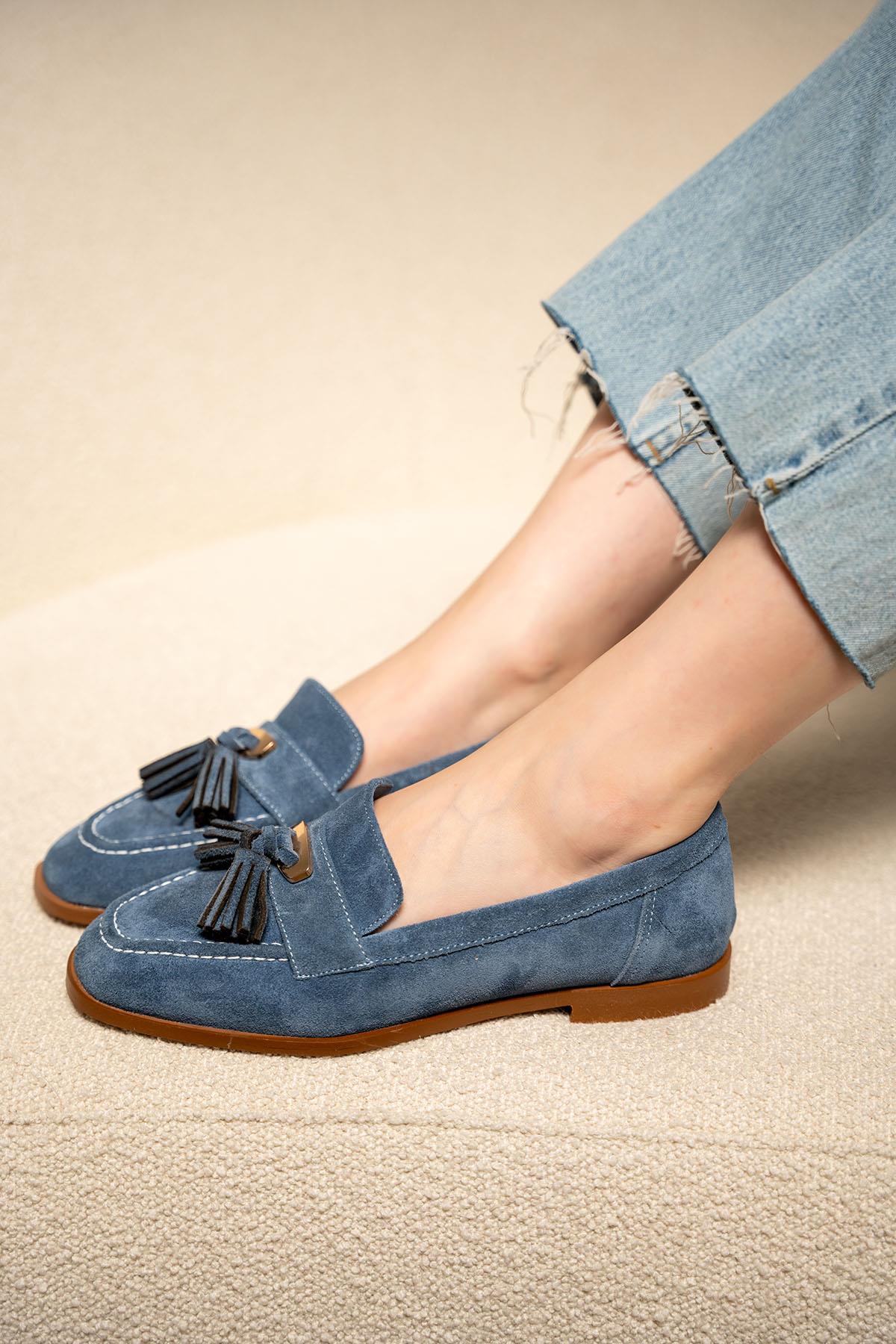 Glomar Püskül Detaylı Hakiki Deri Loafer - LACİVERT SÜET