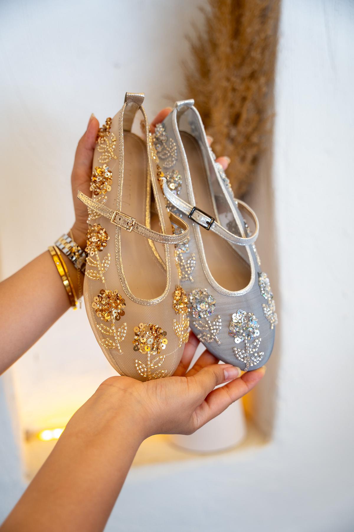 Barbs Boncuk İşlemeli Fileli Babet - GOLD