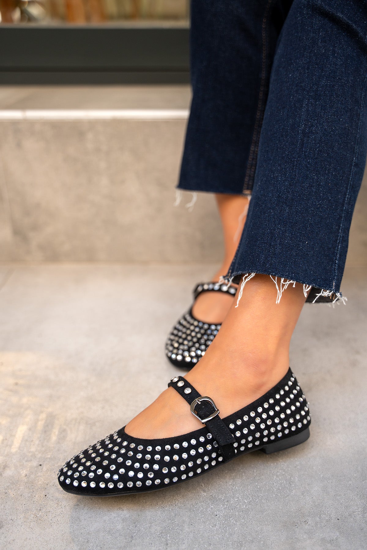 Mac Taşlı Düz Babet - SİYAH SÜET