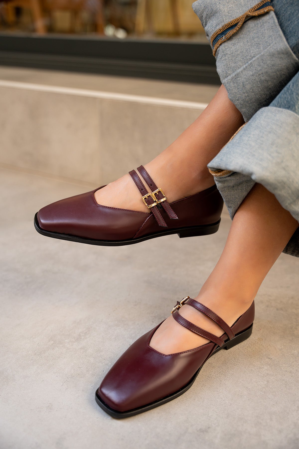Jadon Çift Toka Detaylı Babet - BORDO DERİ