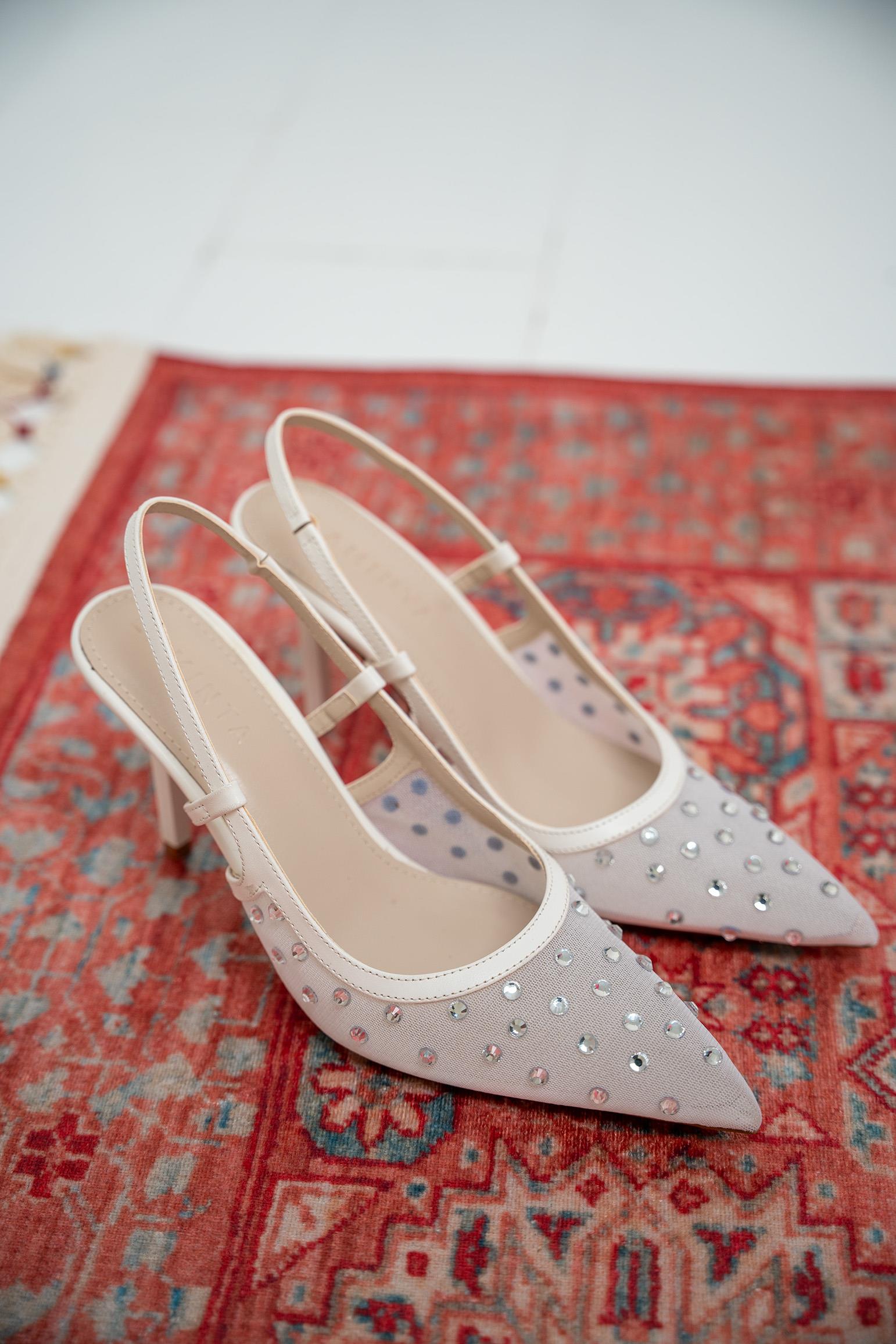 Sensu Taşlı Fileli Topuklu Ayakkabı - BEYAZ