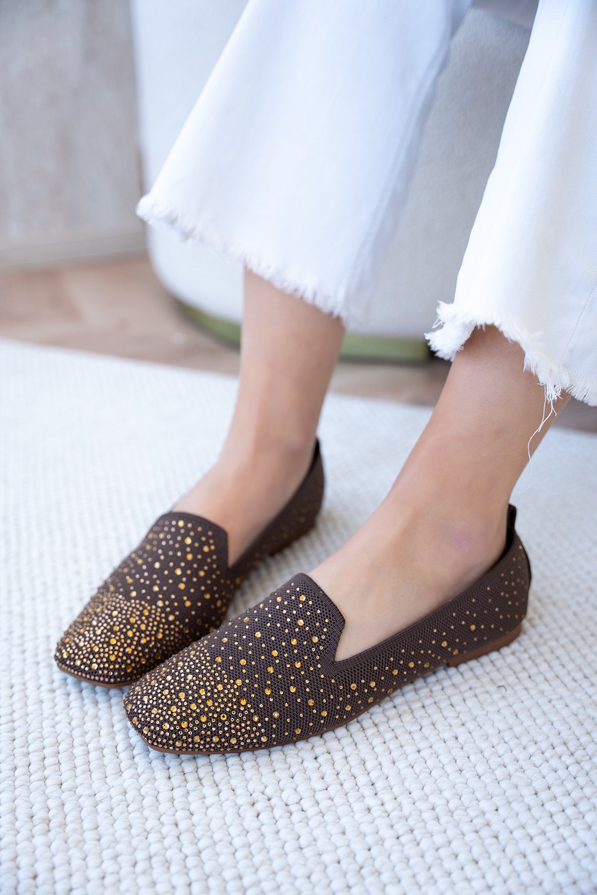 Flores Taşlı Kadın Triko İçi Hakiki Deri Babet - ACI KAHVE