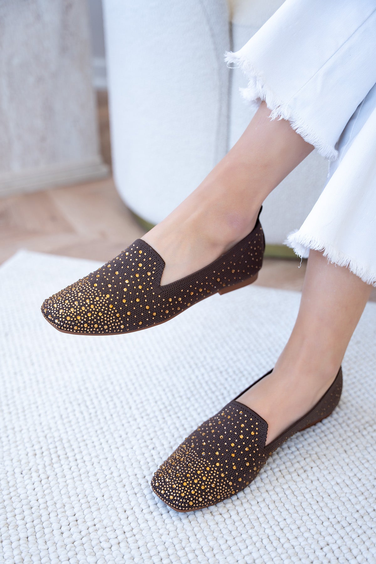 Flores Taşlı Kadın Triko İçi Hakiki Deri Babet - ACI KAHVE