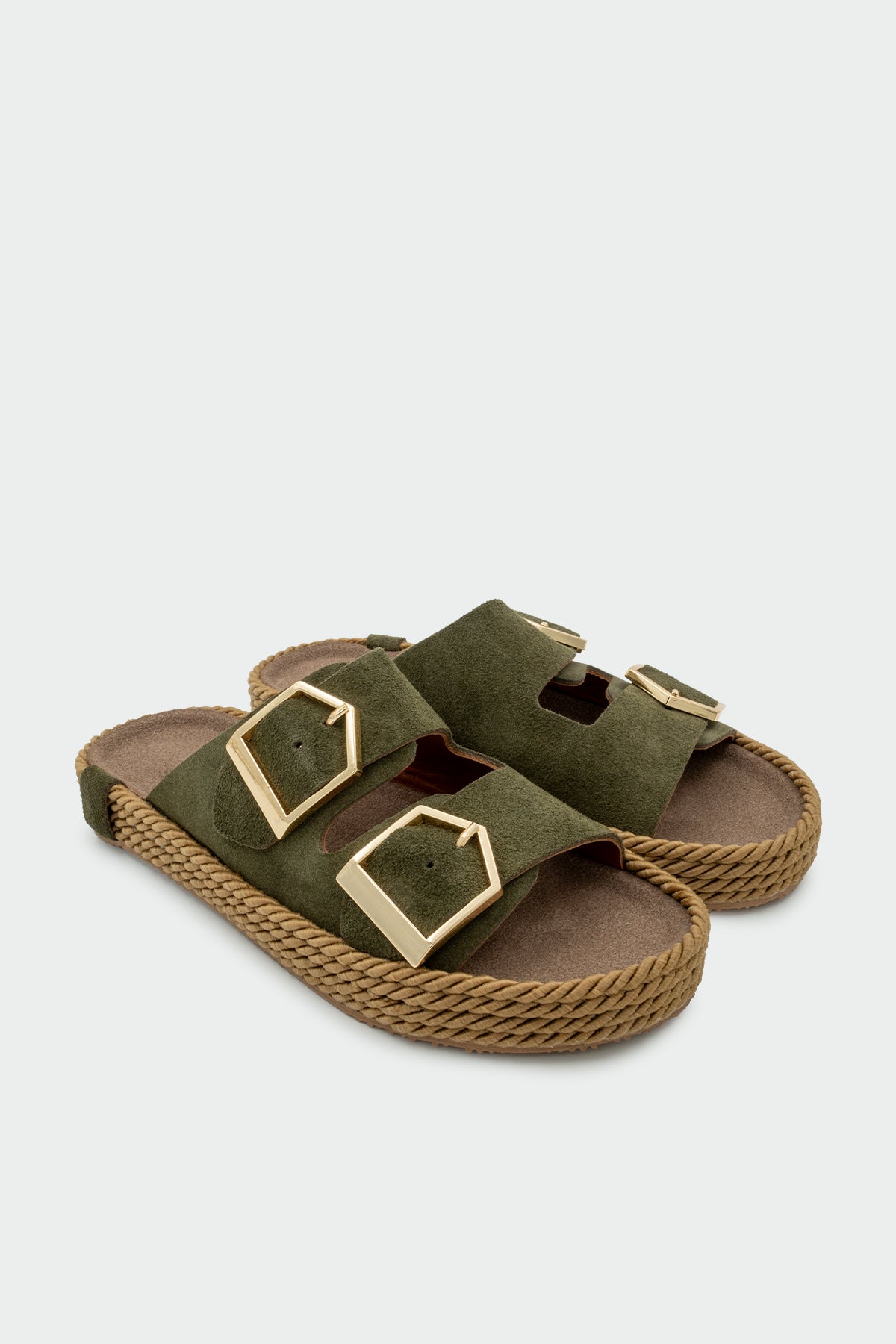 Pupil Çift Tokalı Hakiki Deri Kadın Terlik - HAKİ