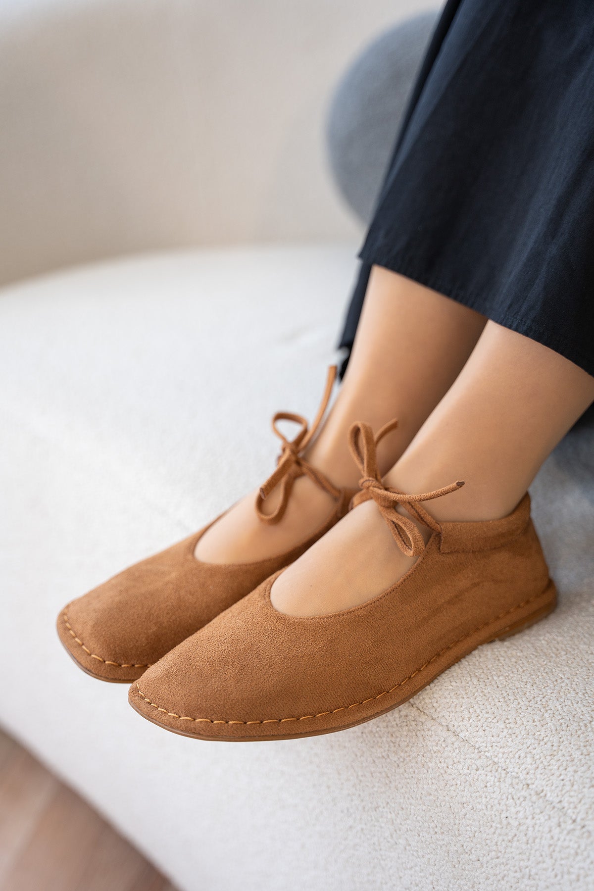 Mex Bağcık Detaylı Kadın Barefoot Ayakkabı - TABA SÜET