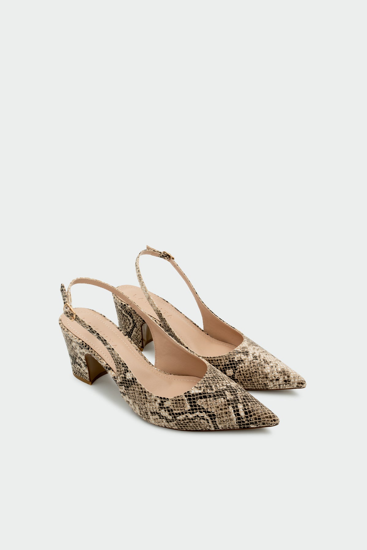 Dice Yılan Derisi Desenli Kadın Kalın Topuklu Ayakkabı - TEN
