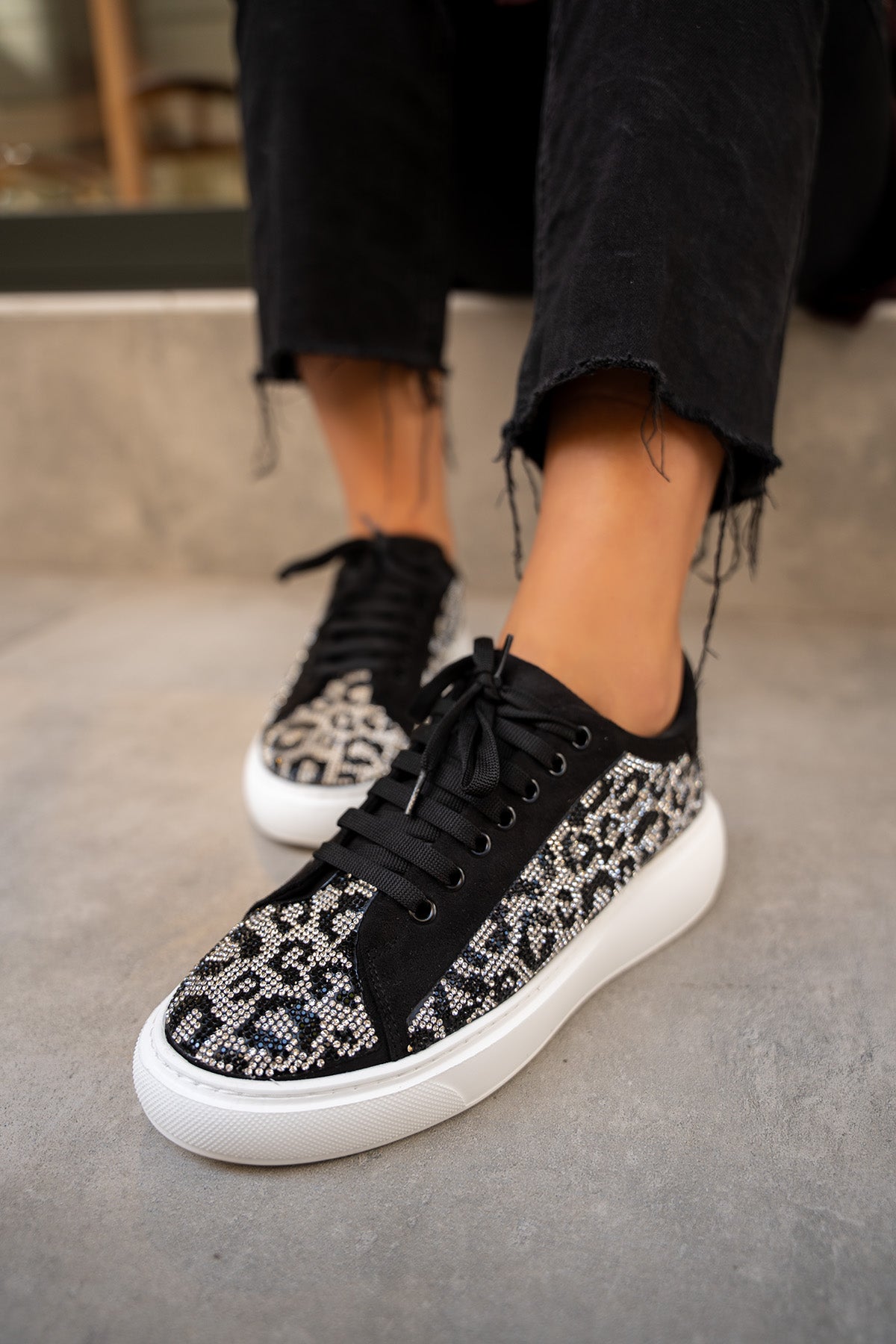 Comfy Leopar Desenli Spor Ayakkabı - Siyah-Silver