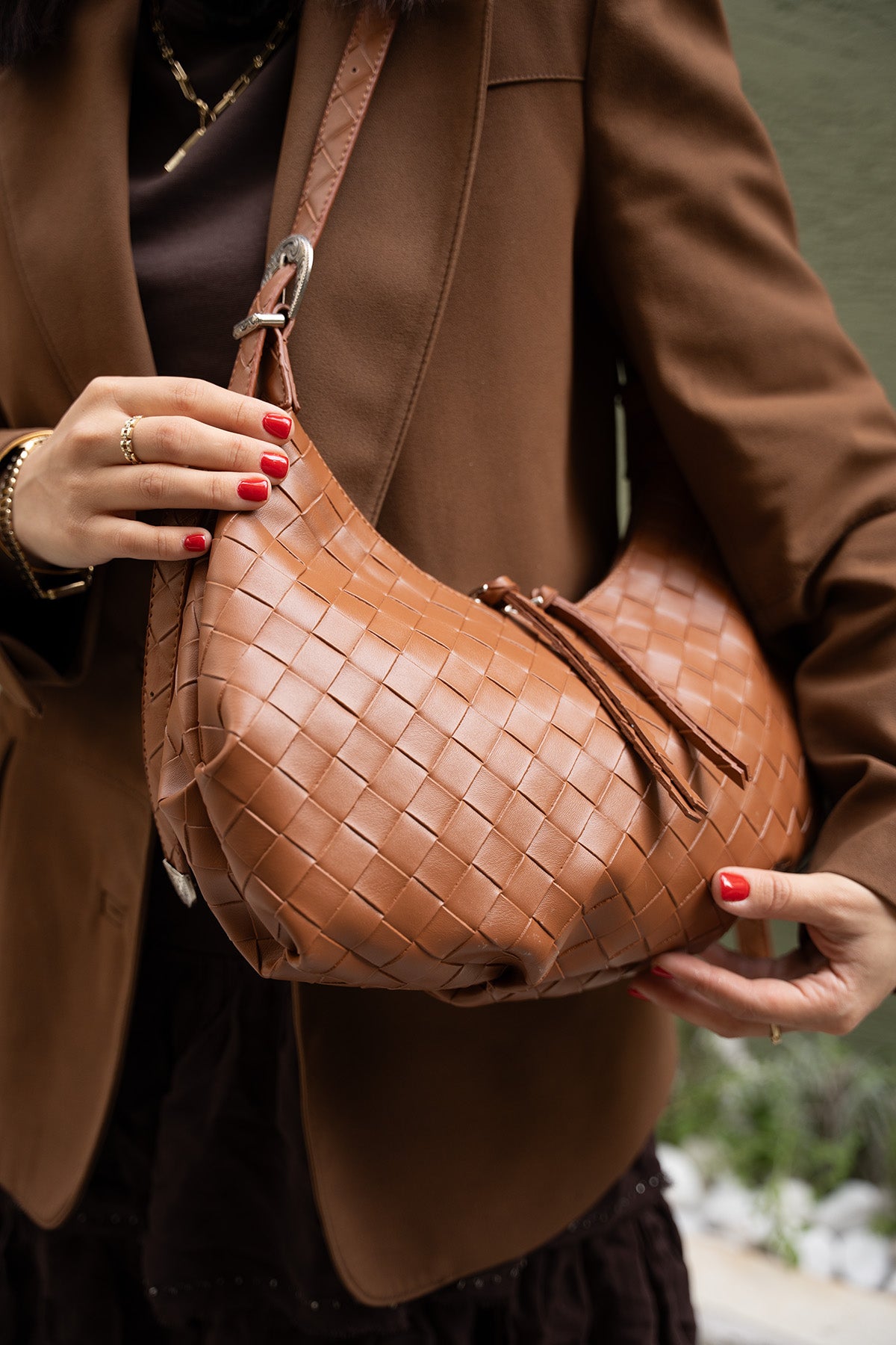 Luxe Örgü Detaylı Kol Çantası - TABA