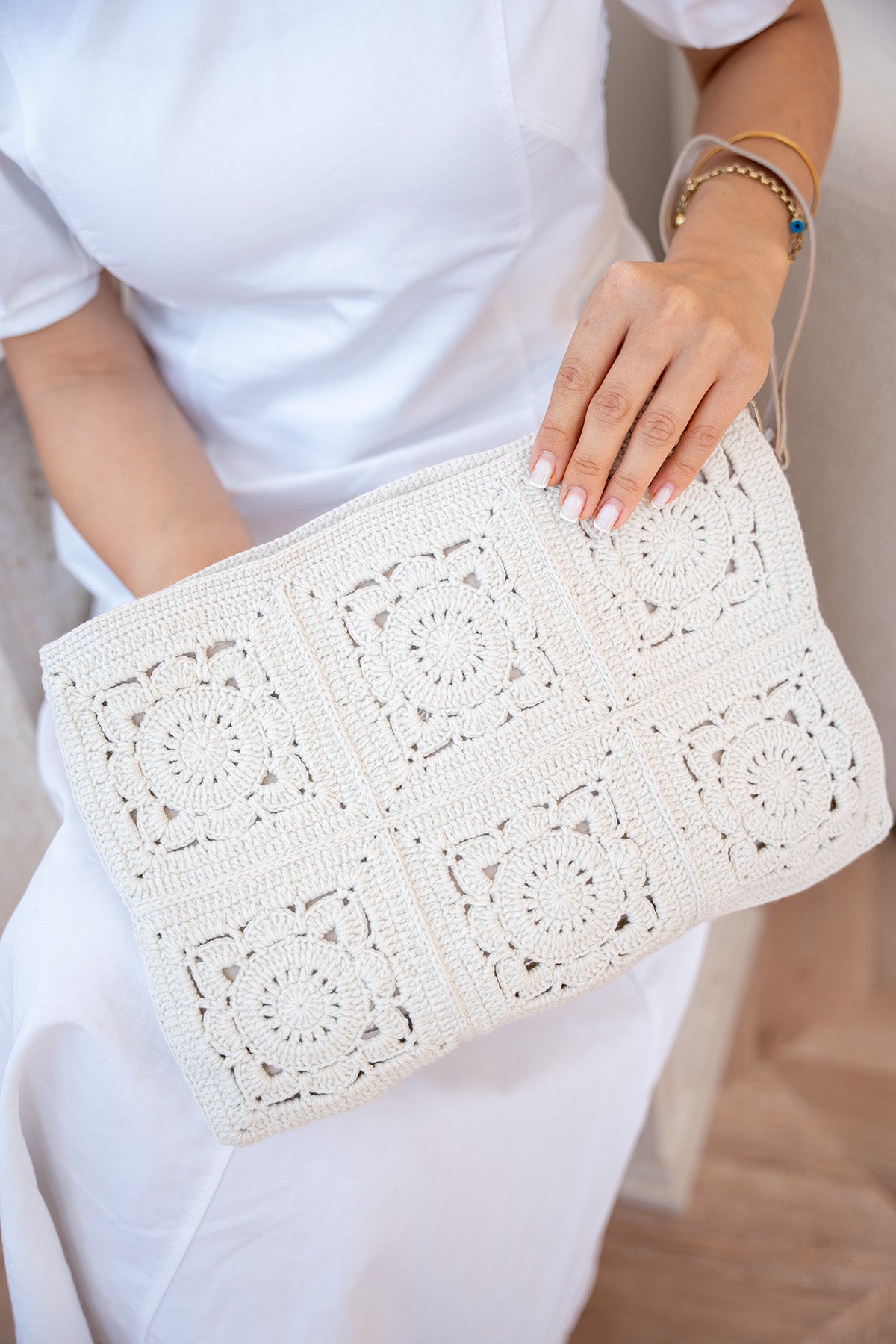 Blour Motif Detaylı El Yapımı Kadın Clutch Çanta - EKRU