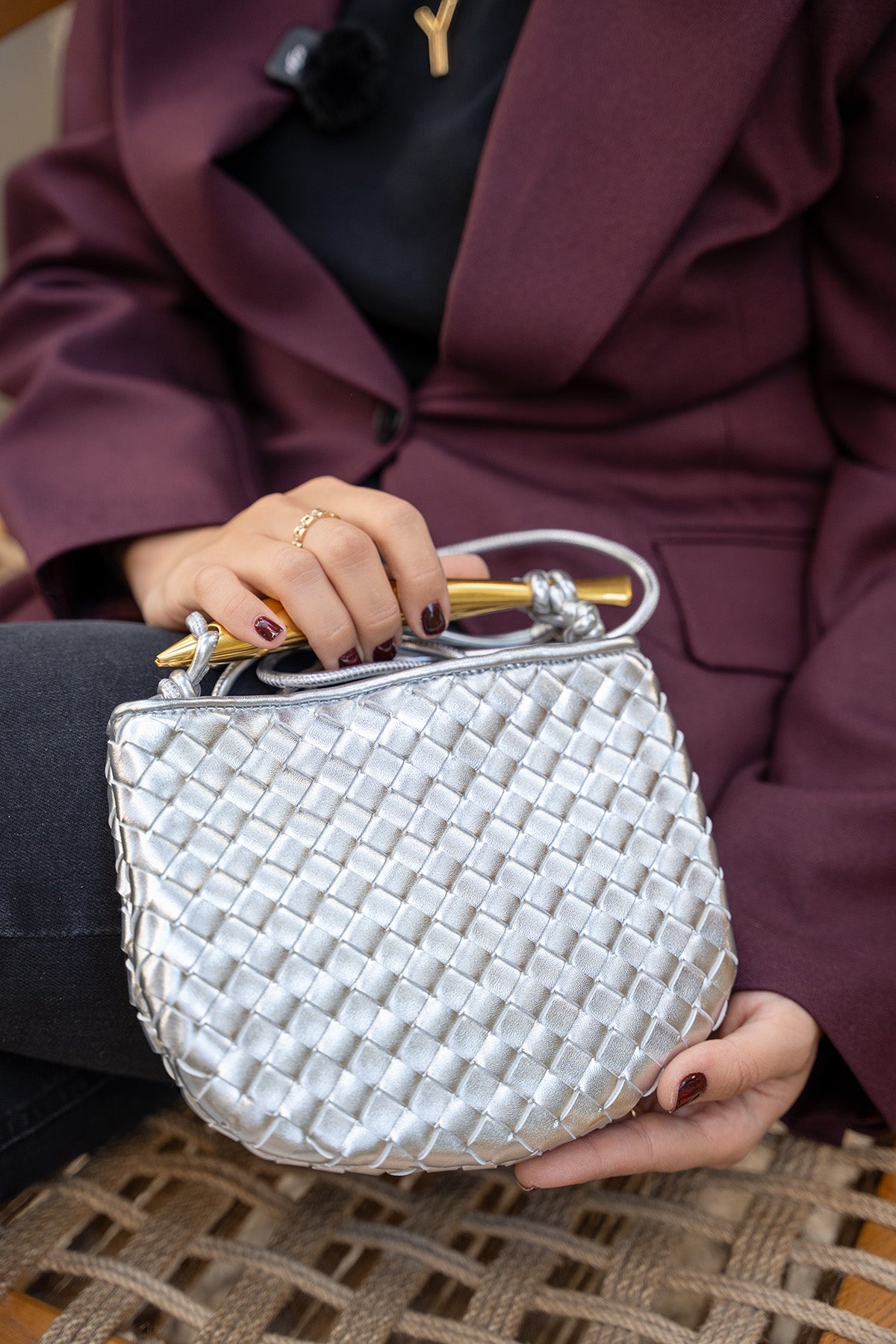 Long Örgü Detaylı Çapraz Çanta - Silver