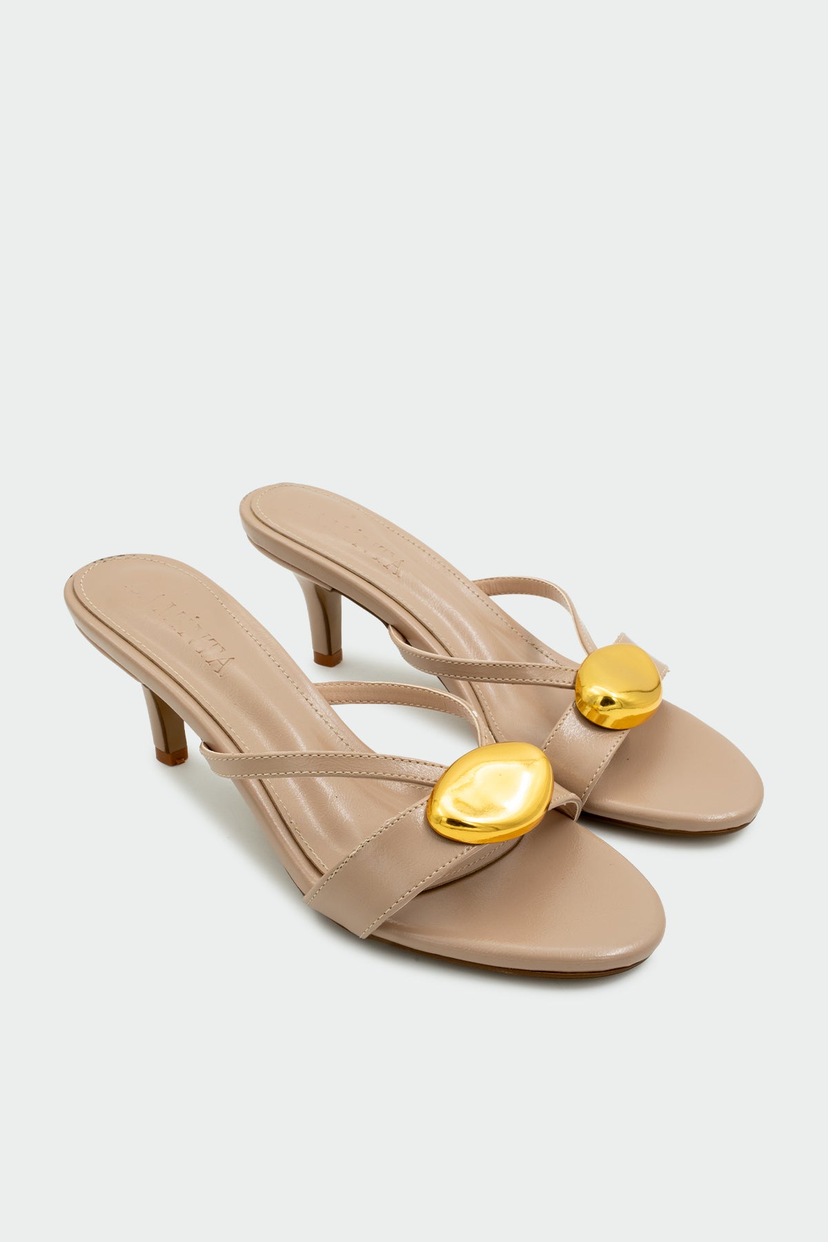 Yixo Gold Aksesuarlı Kadın Topuklu Terlik - NUDE