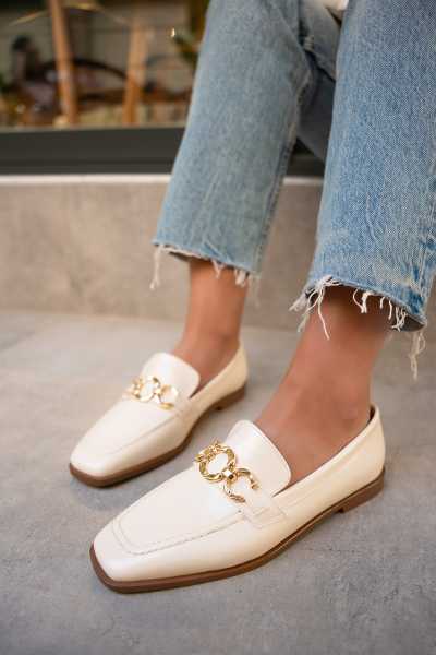 Biens Düz Taban Gold Detaylı Ayakkabı - EKRU DERİ