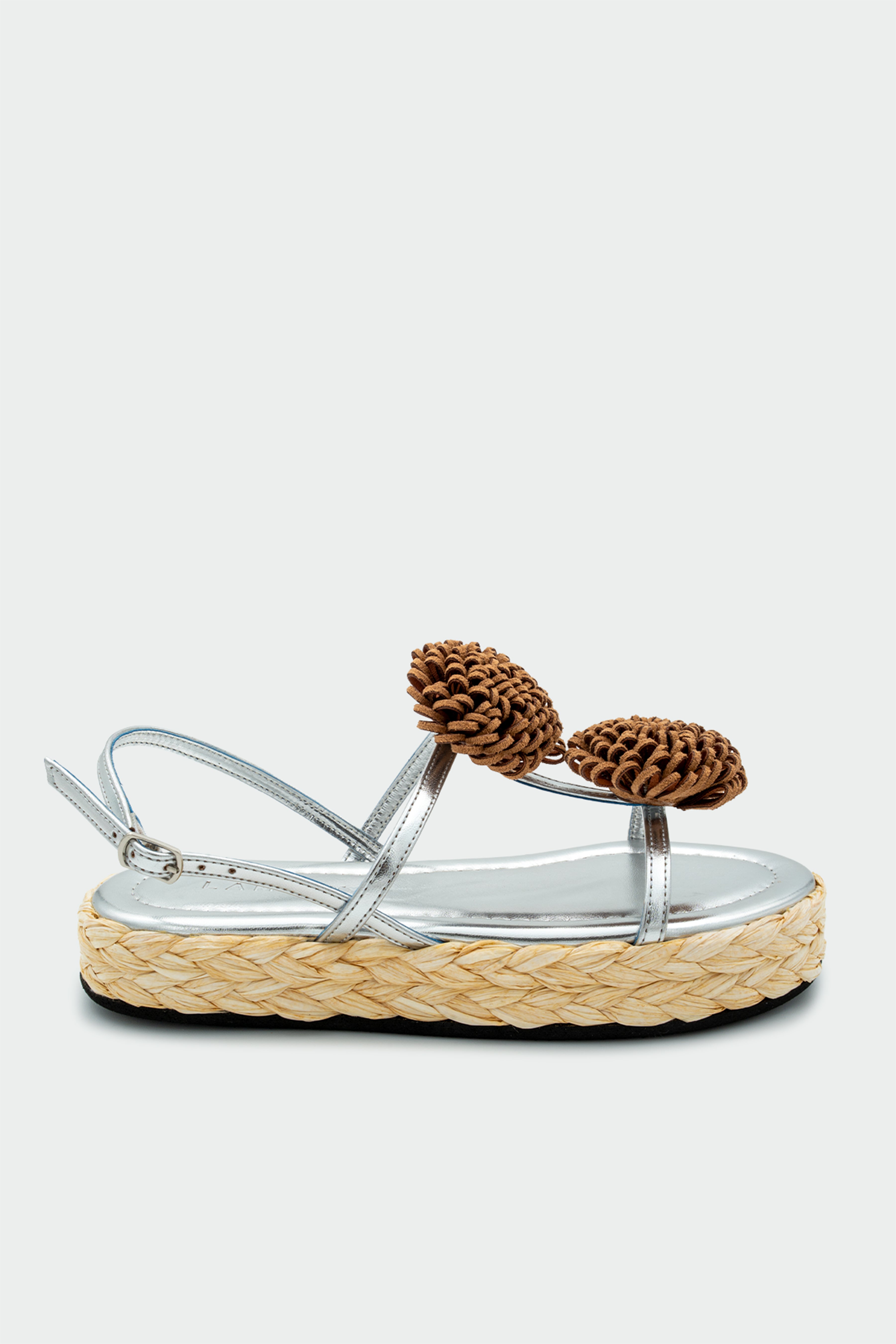 Coky Çiçek Detaylı Hasır Sandalet - Silver