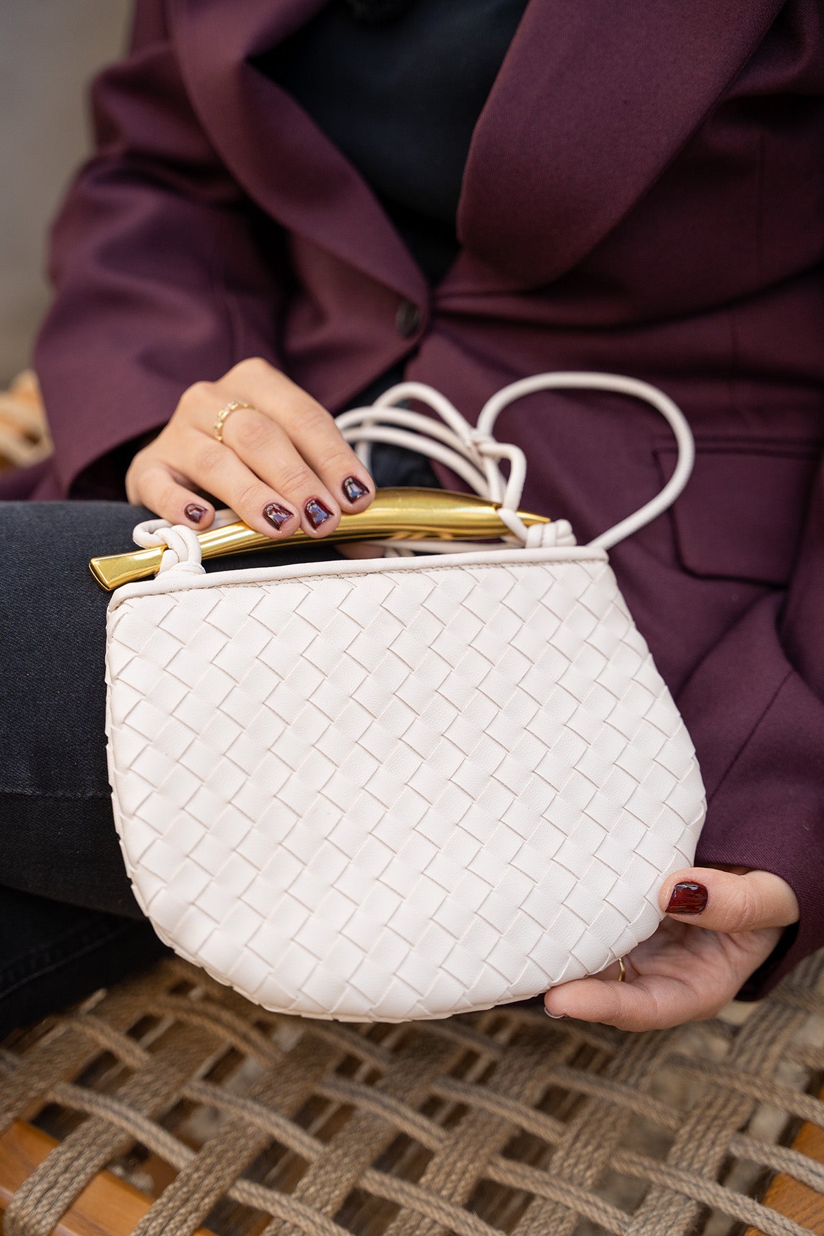 Long Örgü Detaylı Çapraz Çanta - BEYAZ