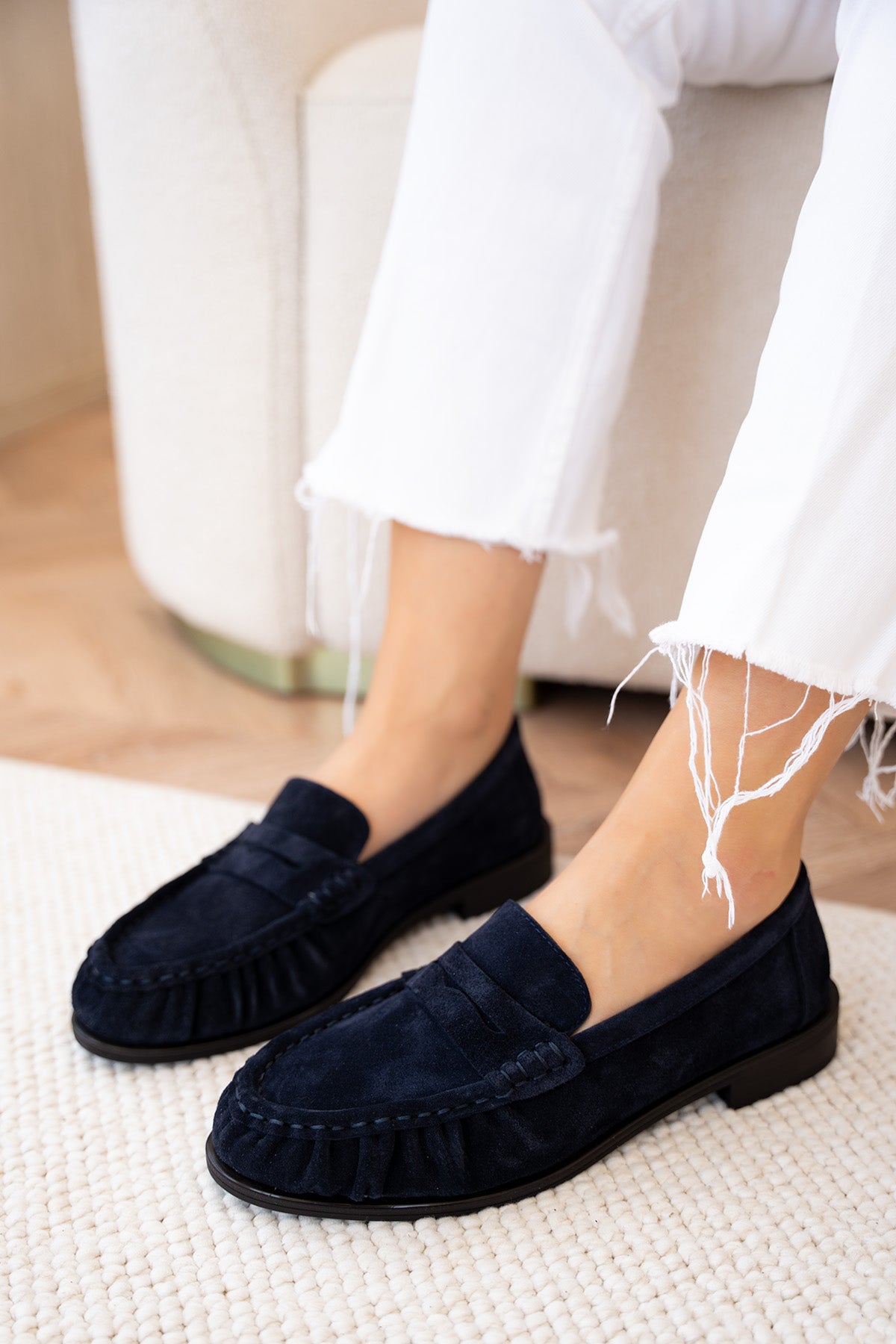 Dipsy Dikiş Detaylı Hakiki Deri Kadın Loafer - Lacivert  Süet