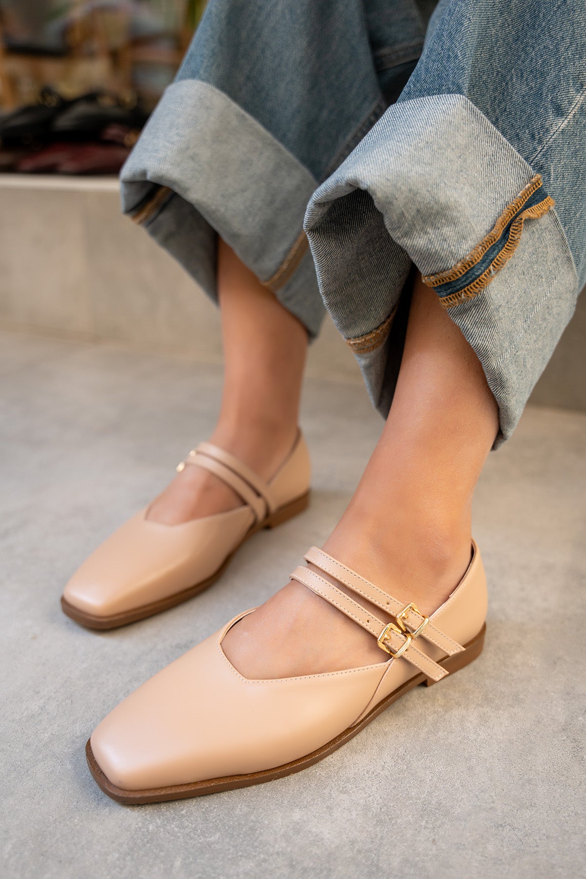 Jadon Çift Toka Detaylı Babet - NUDE DERİ