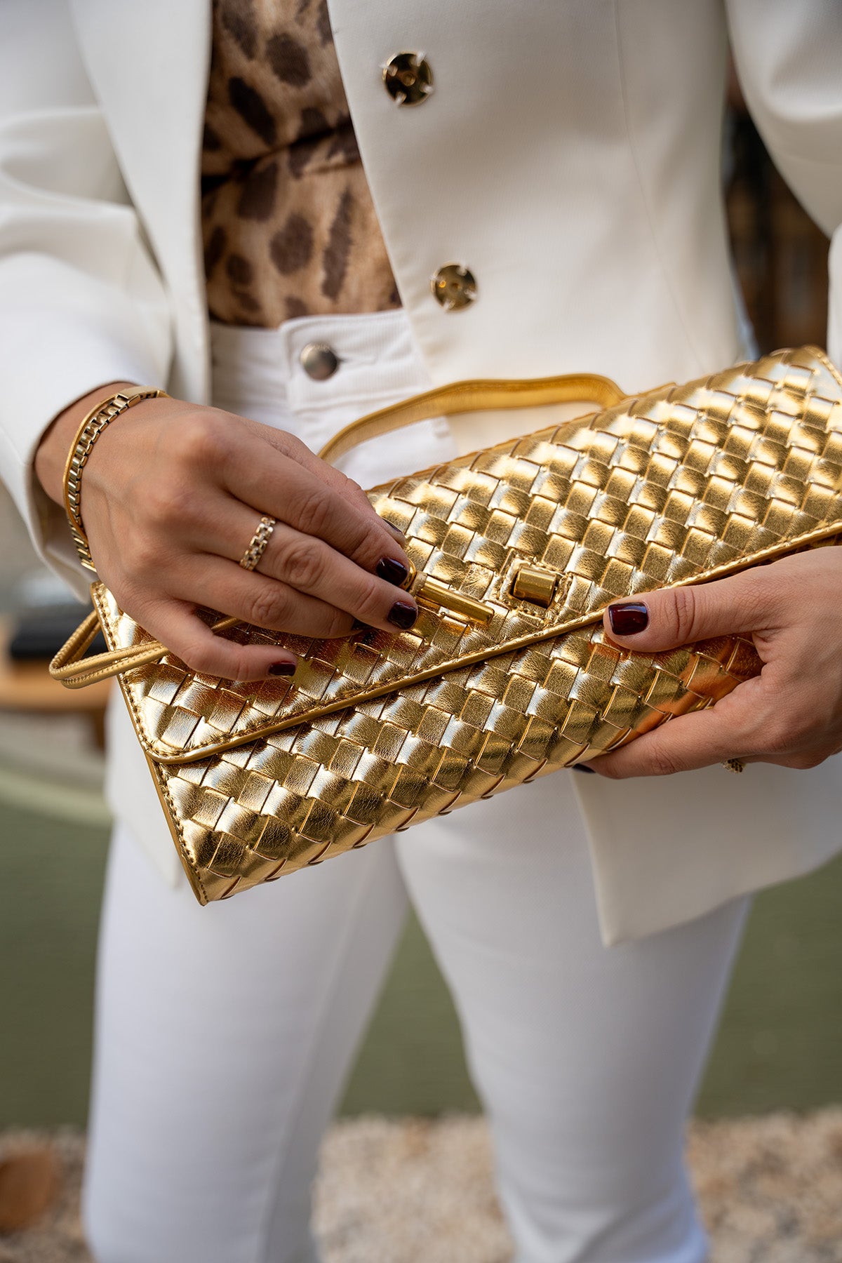 Cway Örgü Detaylı Kadın Clutch Çanta - GOLD
